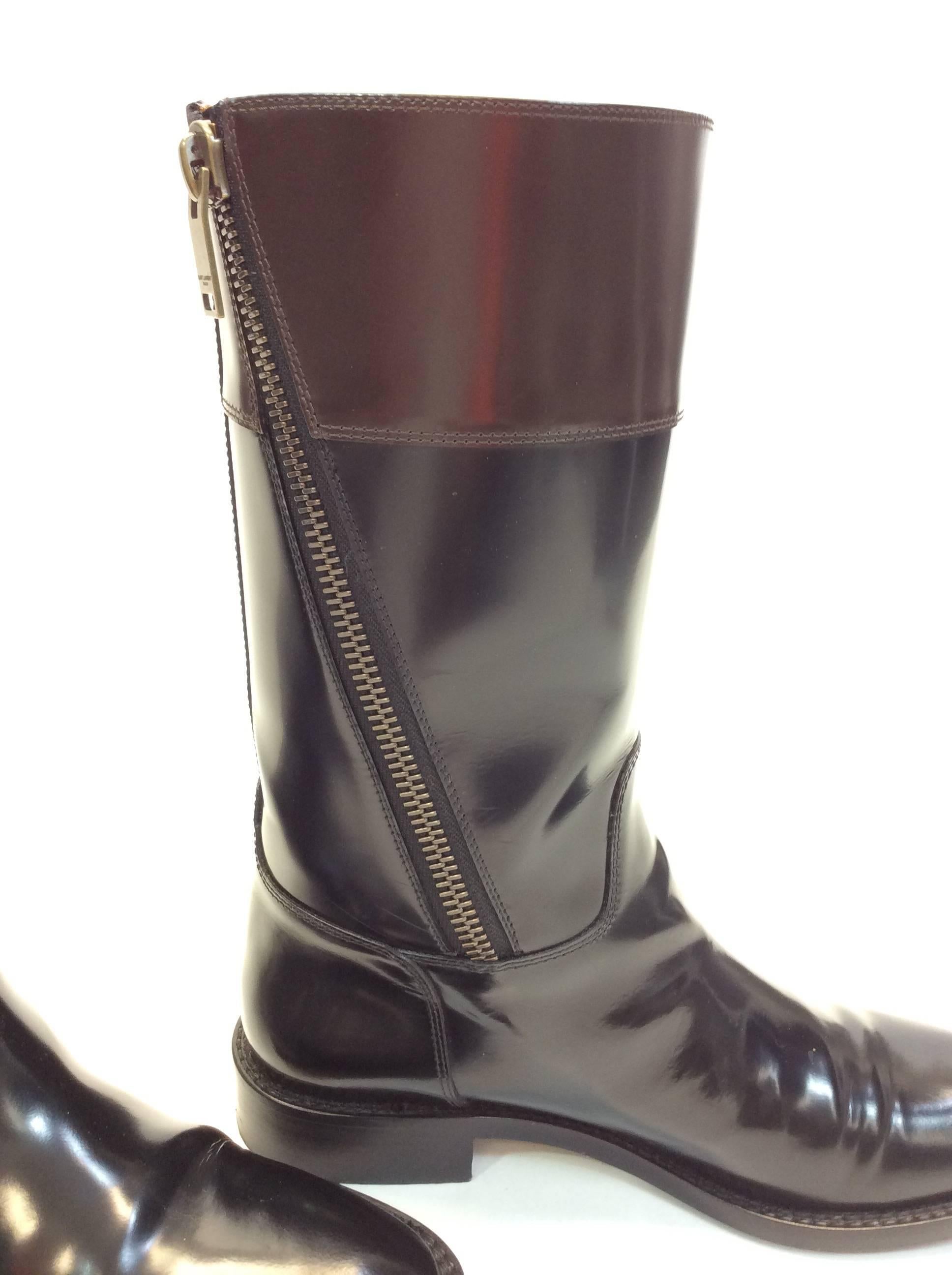 Saint Laurent Black and Brown Patent Leather Boots For Sale 1