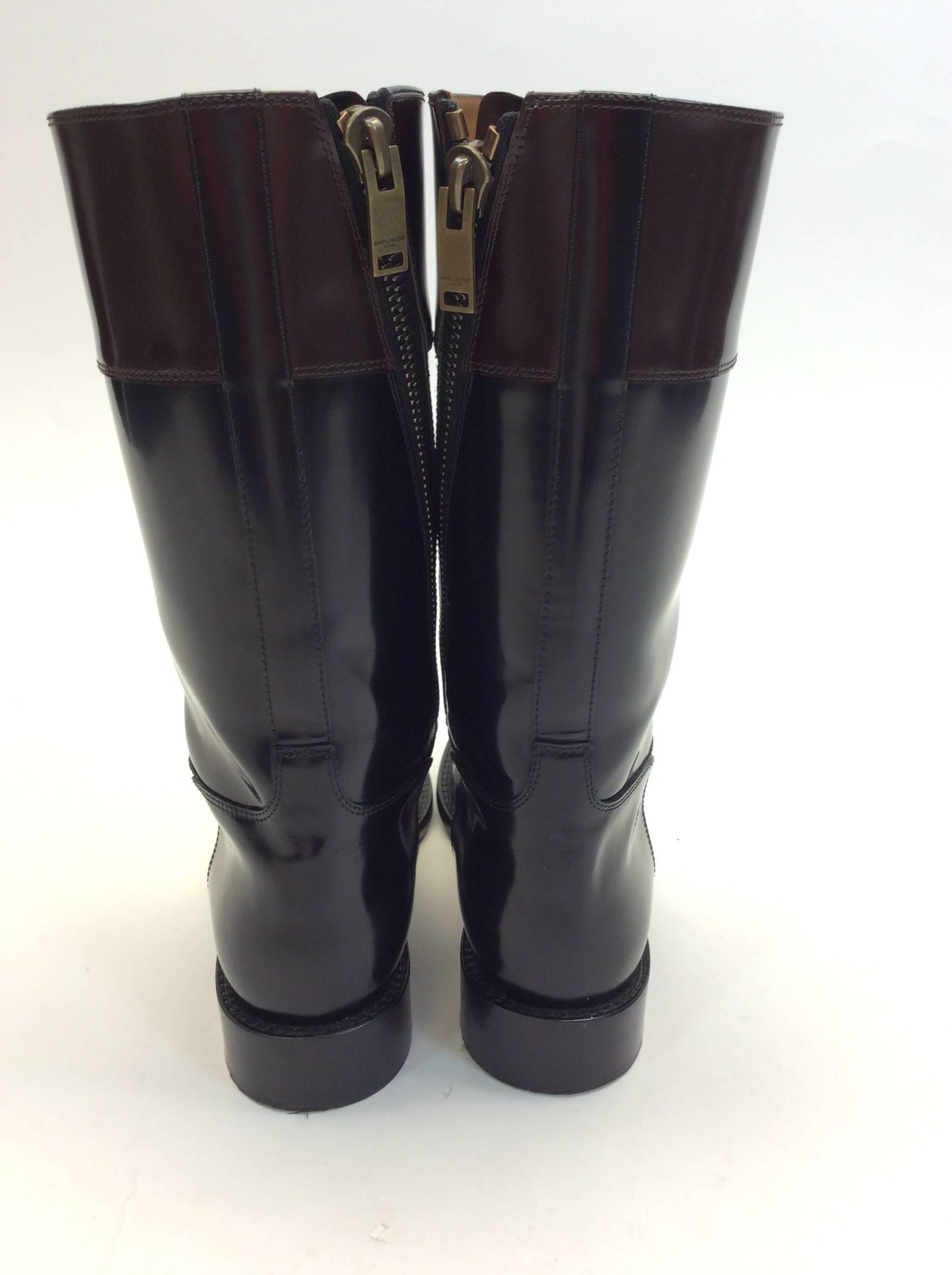 Women's Saint Laurent Black and Brown Patent Leather Boots For Sale