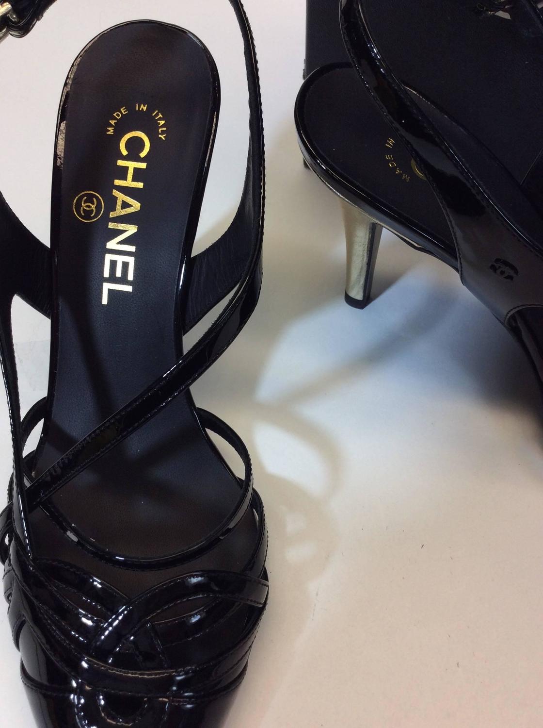 Chanel Black Patent Leather Strap Heel For Sale at 1stdibs