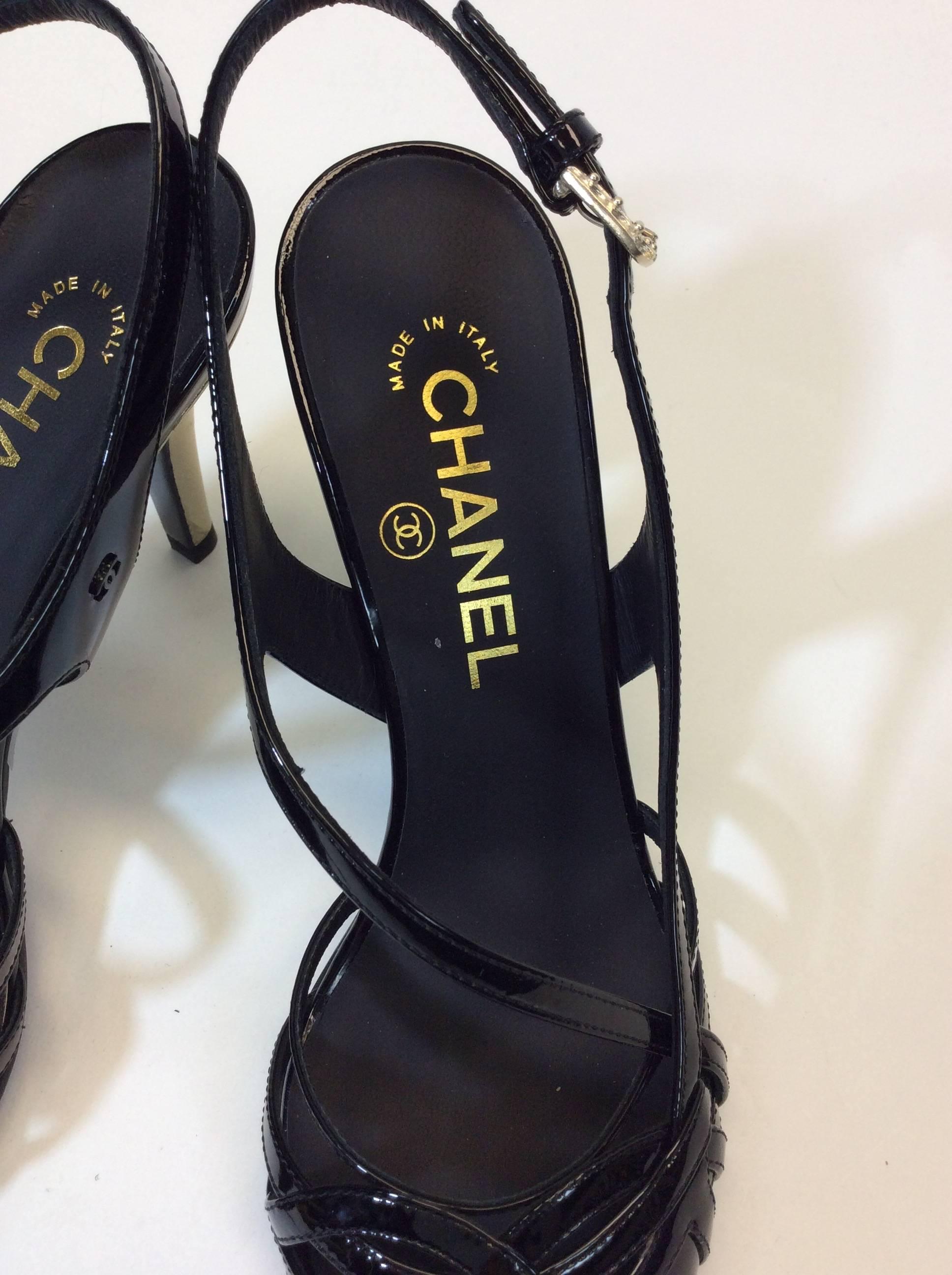 Chanel Black Patent Leather Strap Heel For Sale 4