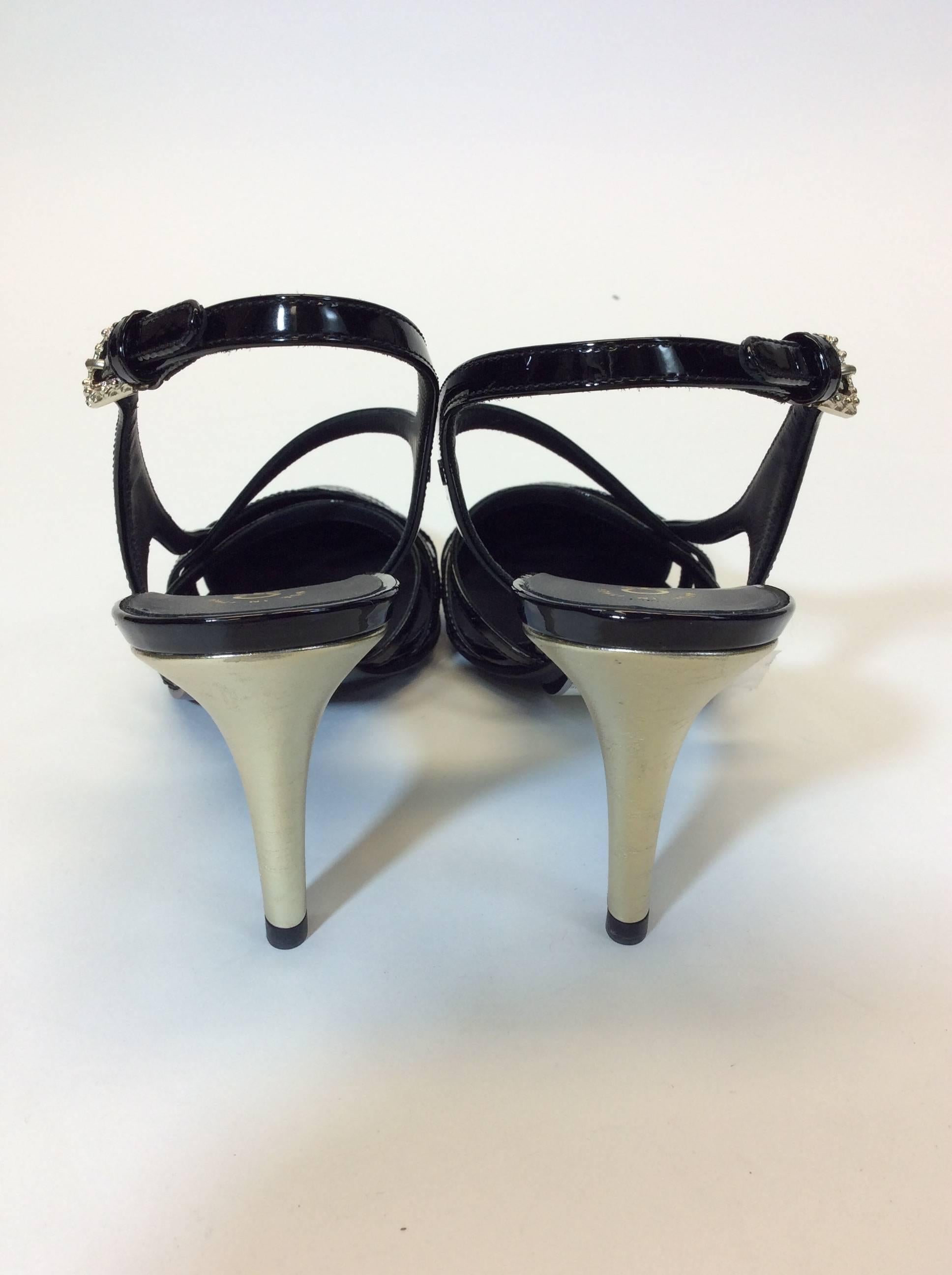 Women's Chanel Black Patent Leather Strap Heel For Sale
