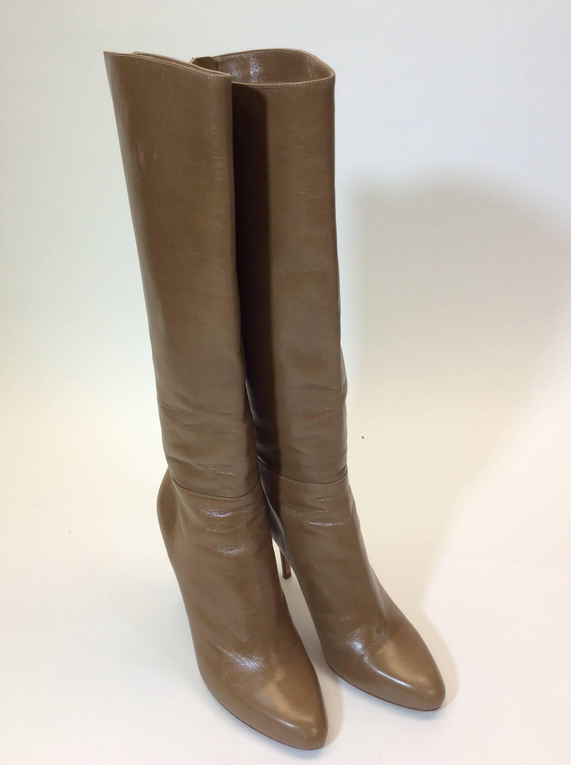 Jimmy Choo Tan Leather Knee High High Heel Boots In Excellent Condition In Narberth, PA