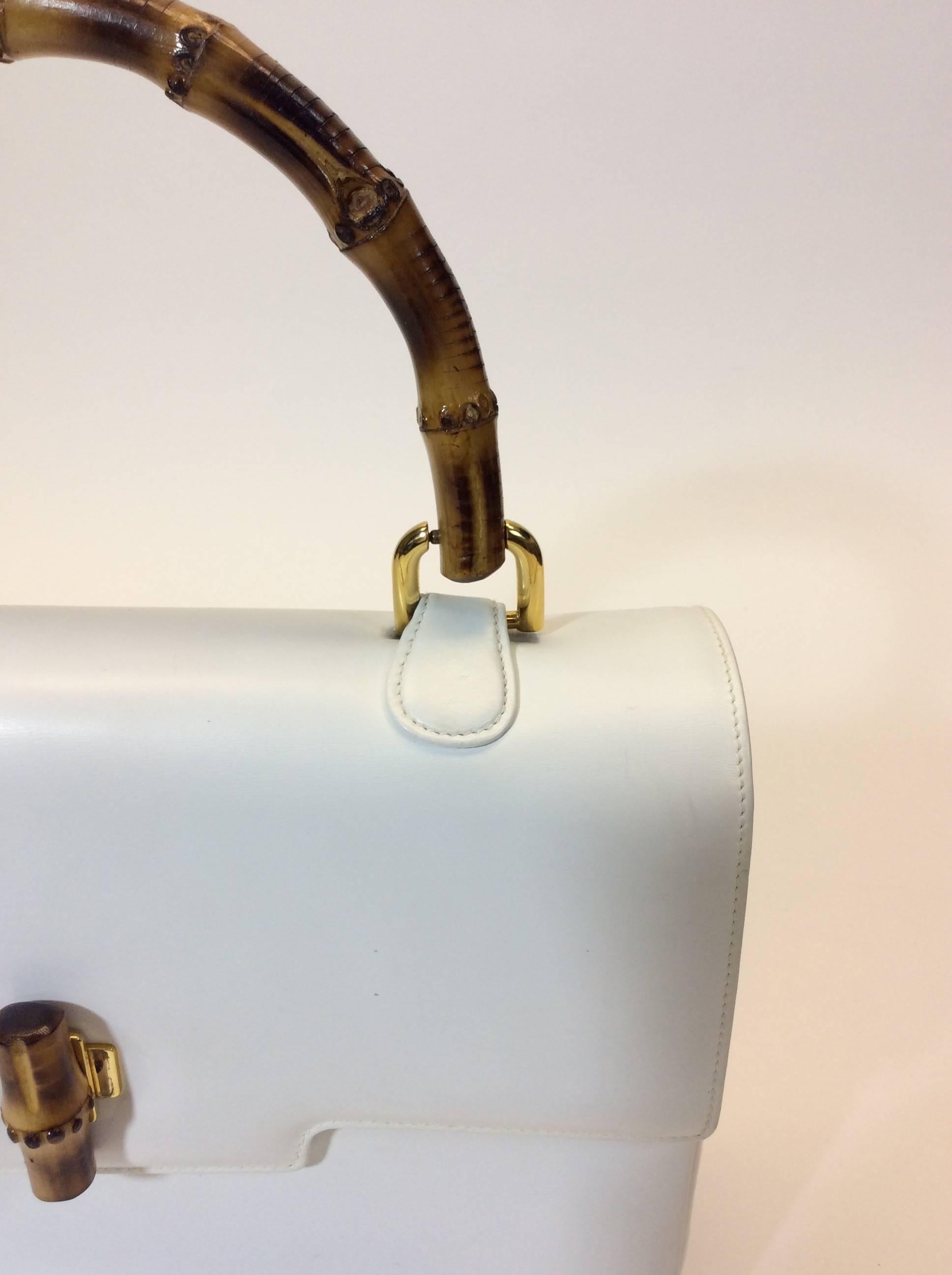 Women's Gucci White Leather Handbag with Genuine Bamboo Strap For Sale