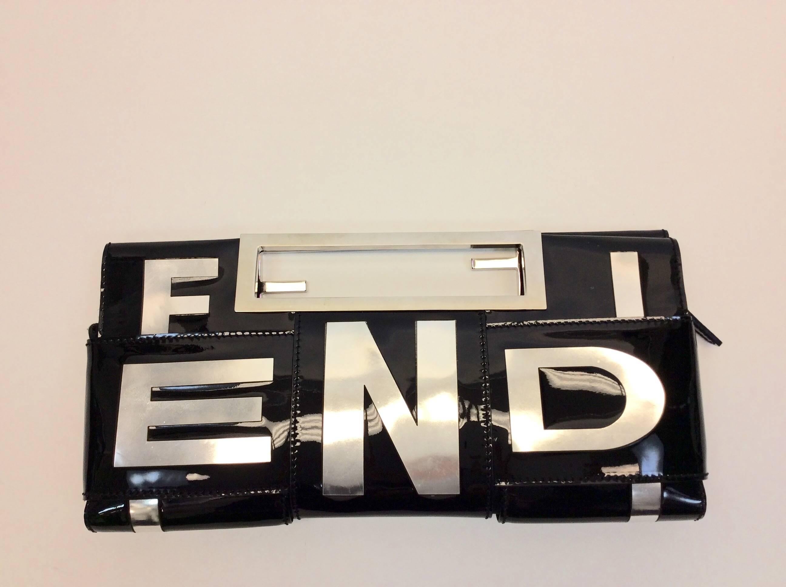 Fendi Silver and Black Patent Leather Clutch In Excellent Condition In Narberth, PA
