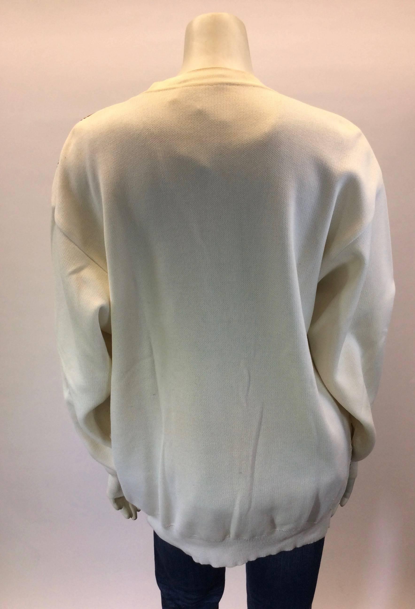 Gray Hermes Vintage White Knit and Silk Print Cardigan For Sale