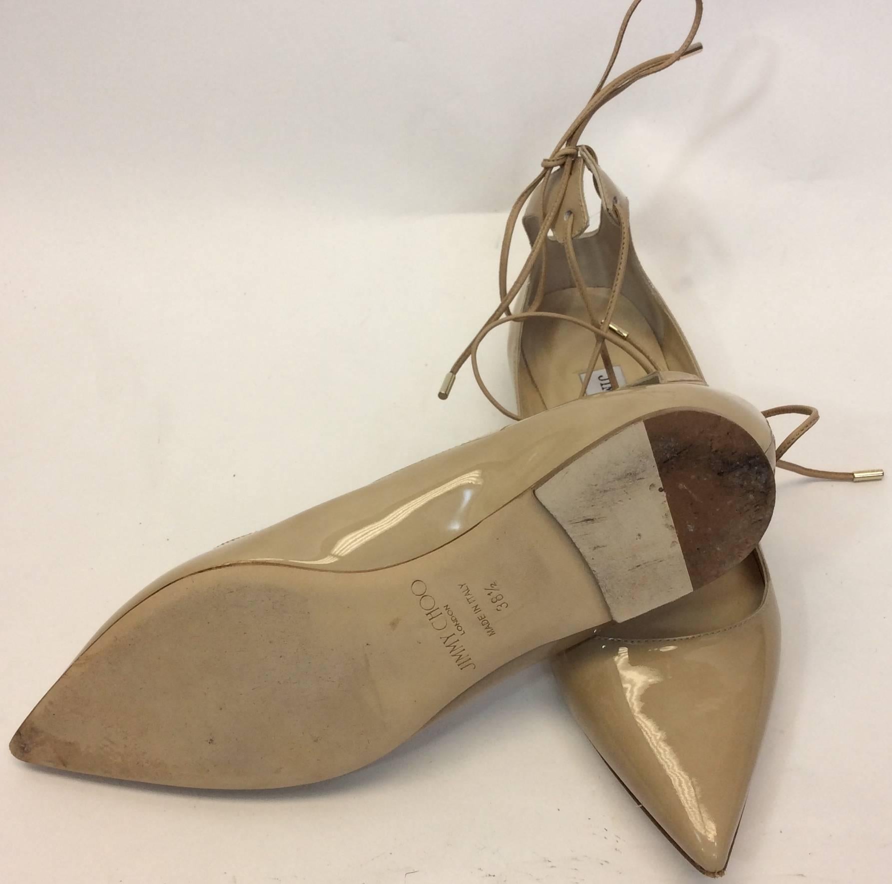 Brown Jimmy Choo Tan Patent Lace Up Flats For Sale