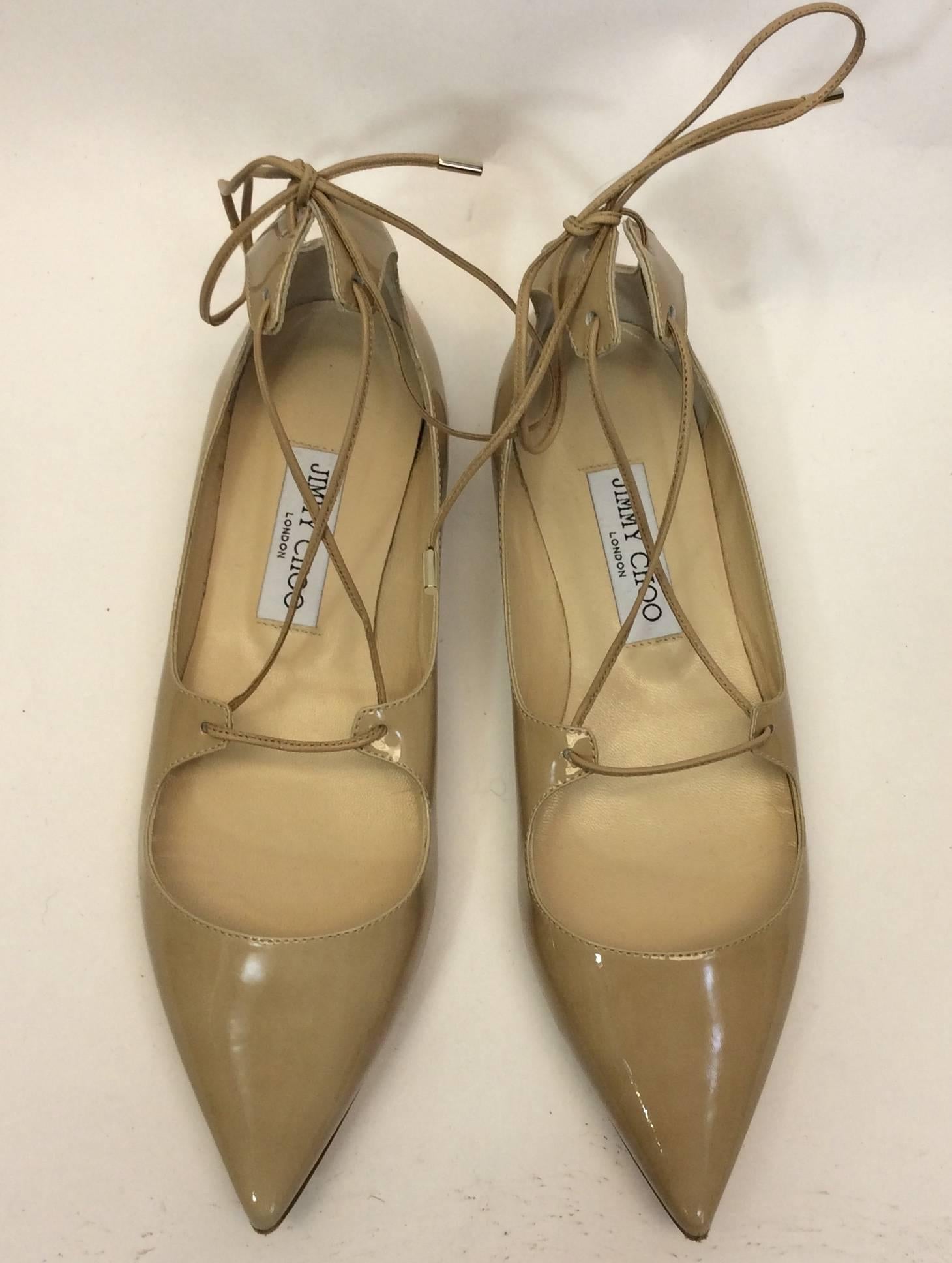 Jimmy Choo Tan Patent Lace Up Flats In Excellent Condition For Sale In Narberth, PA