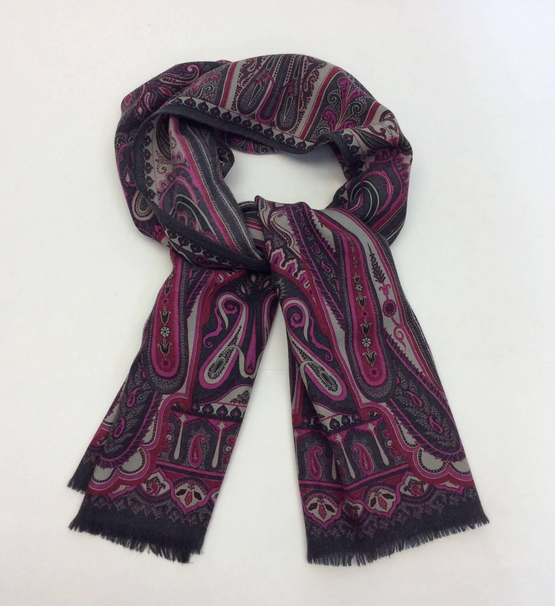  Raspberry Paisley Woven Scarf
52 inches long and 17 inches wide
Includes fringe on scarf edges
70% wool, 30% silk