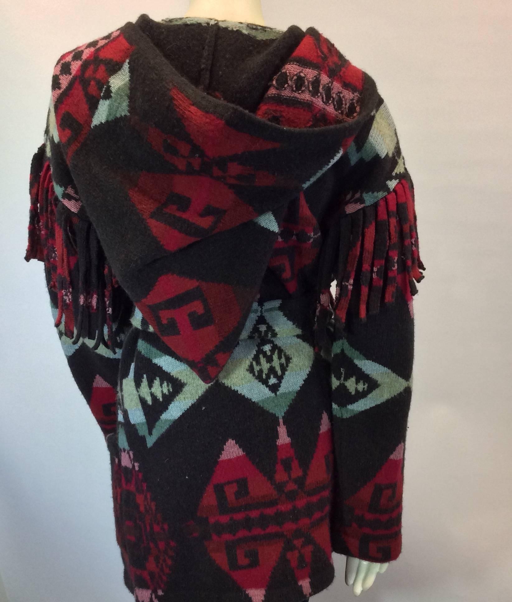 Ralph Lauren Multicolor Patterned Wrap Sweater with Fringe In New Condition For Sale In Narberth, PA