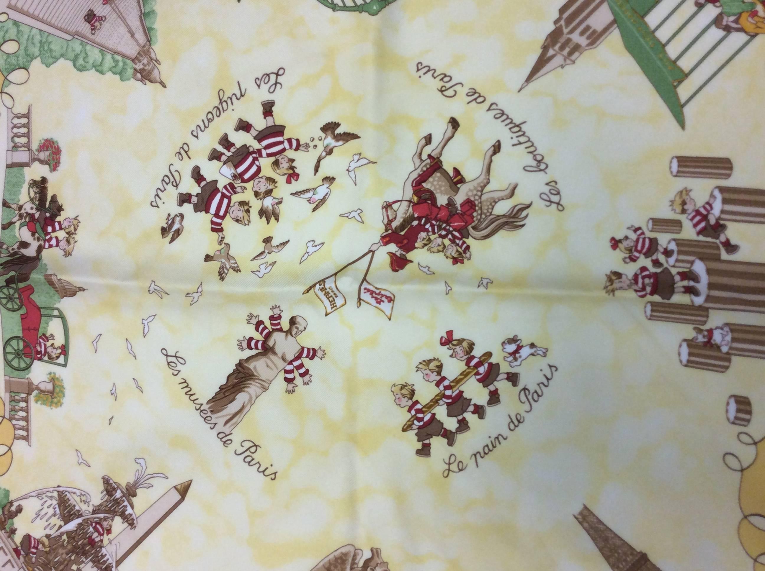 Hermes Yellow Printed Square Silk Scarf In Excellent Condition For Sale In Narberth, PA
