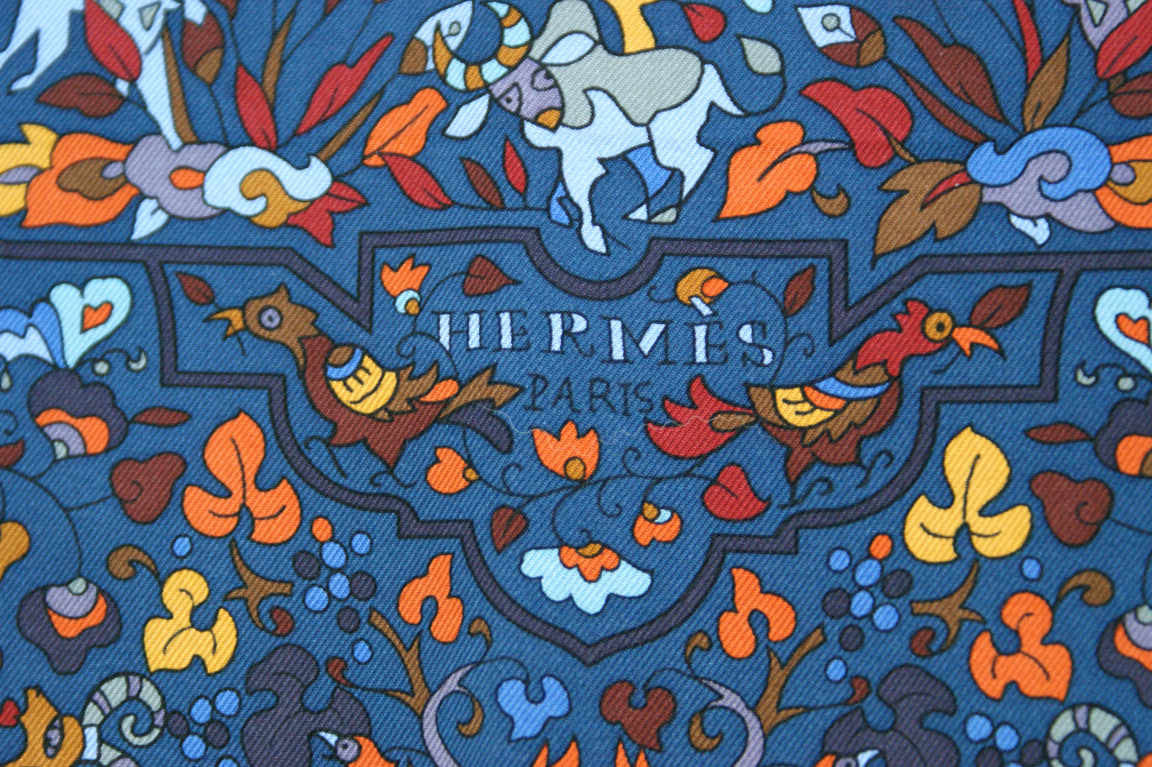 Hermes Blue Les' Jardins D'Armenie Silk Print 36 X 36 Scarf.