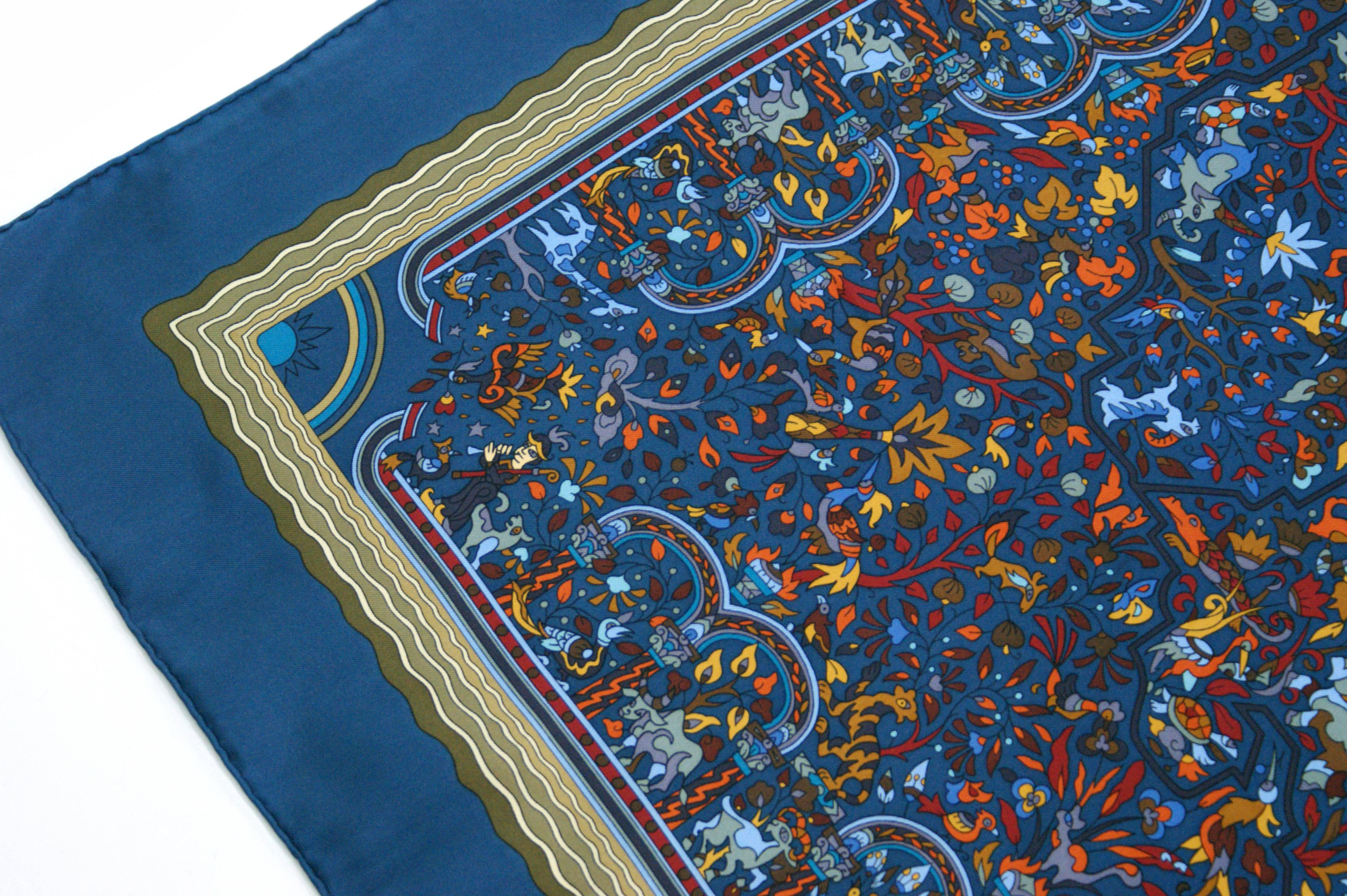 Hermes Blue Les' Jardins D'Armenie Silk Print 36 X 36 Scarf In Excellent Condition In Narberth, PA