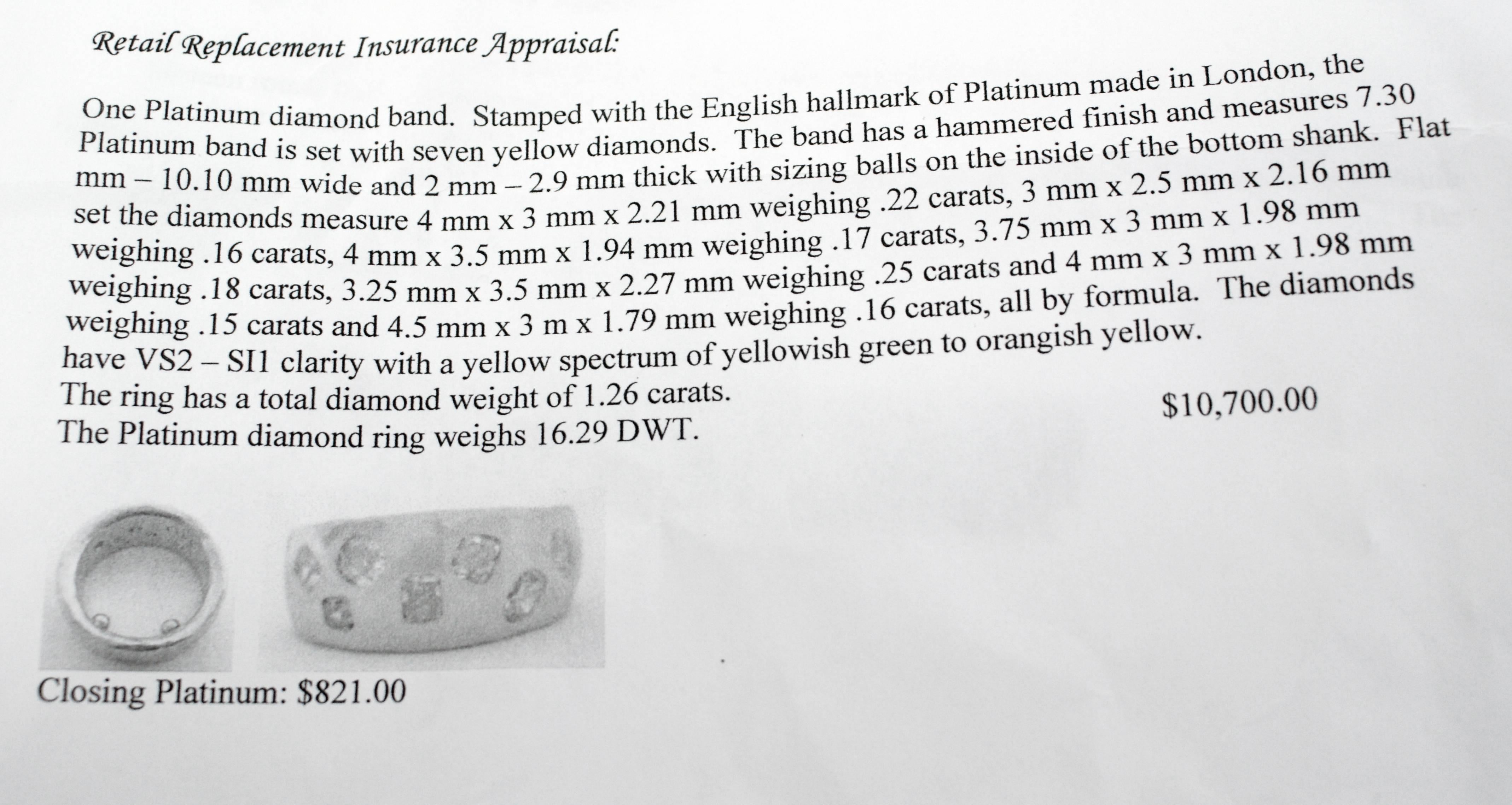 Yellow Diamond Platinum Band Ring For Sale 1