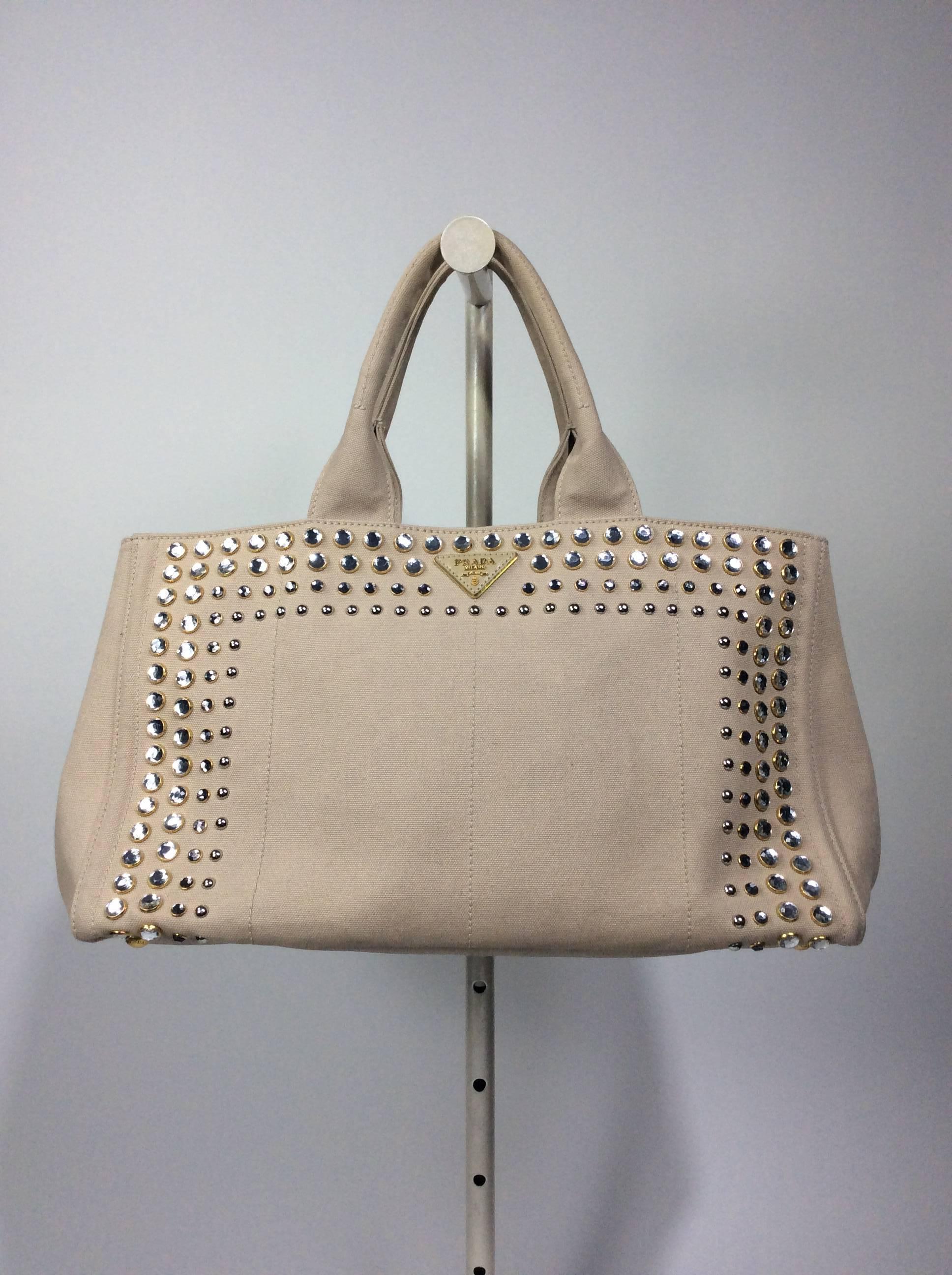 Prada tan canvas Gardner's Tote with crystal beaded detail on front.