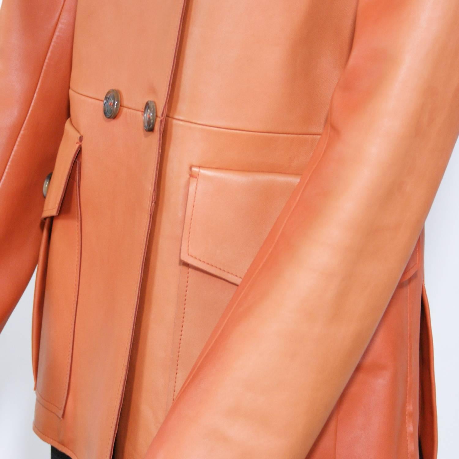 Chloe Orange Leather Button Down Coat In Excellent Condition For Sale In Narberth, PA