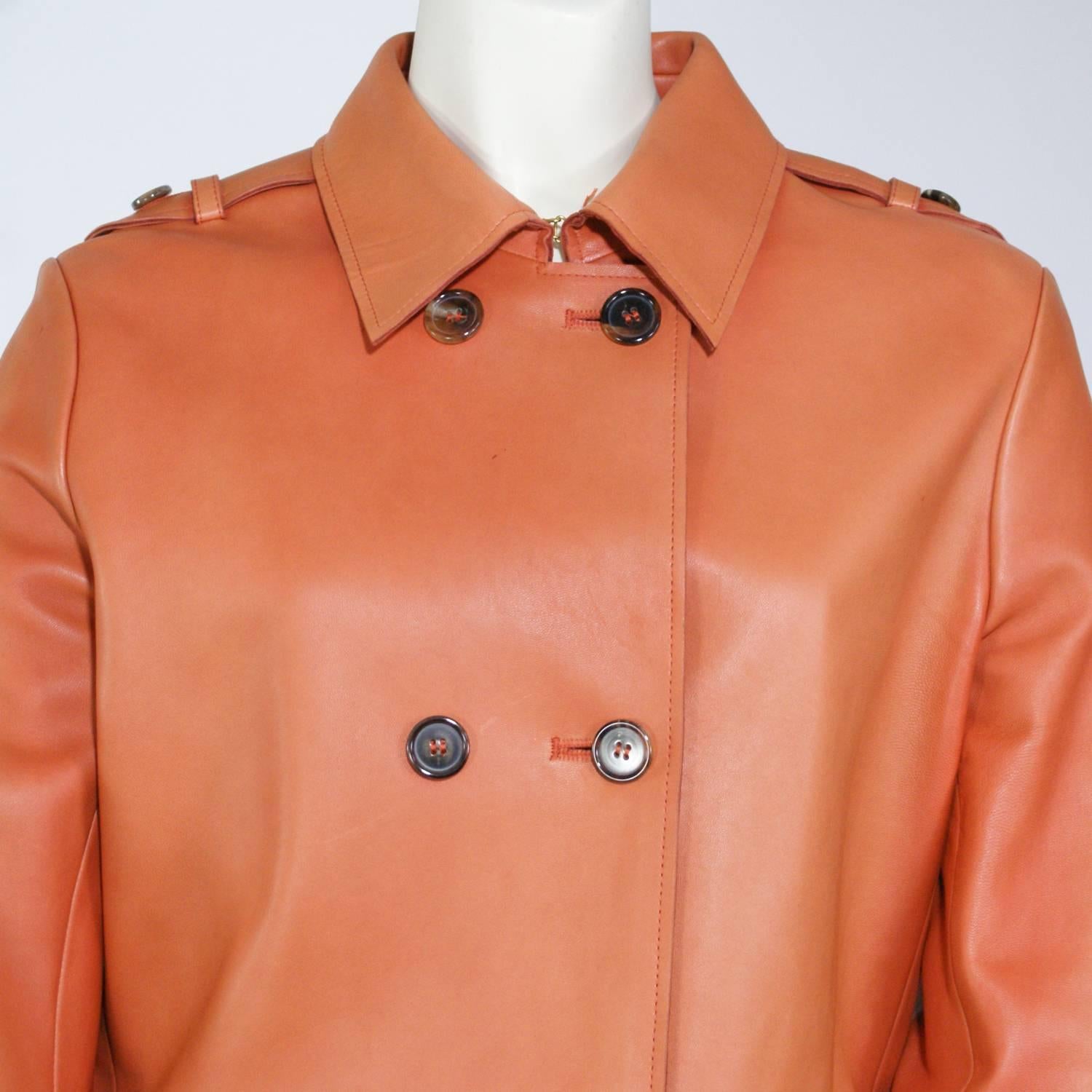 Women's Chloe Orange Leather Button Down Coat For Sale