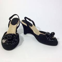 Chanel Black Patent Cameilla Flower and Suede Espadrille Wedge