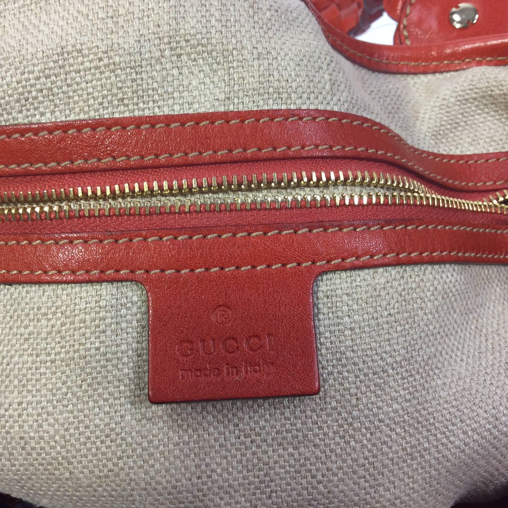 Gucci Tan Linen and Orange Braided Leather Handle Shoulder Bag In Excellent Condition For Sale In Narberth, PA