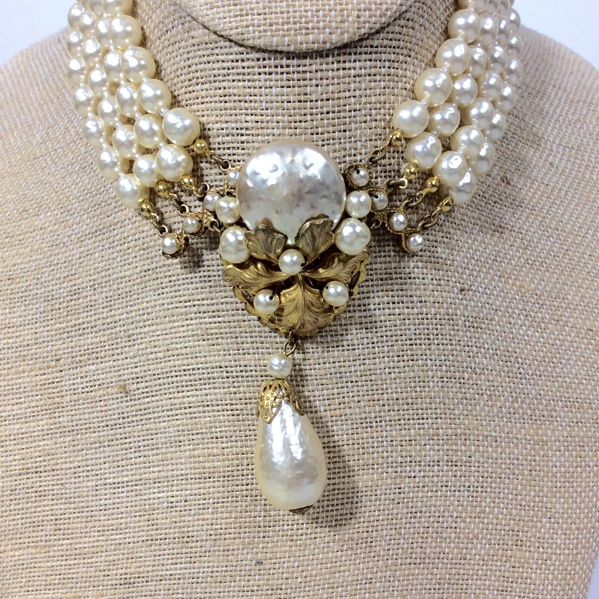 Miriam Haskell 4 Strand Pearl Choker and Earring Set. The choker is 16