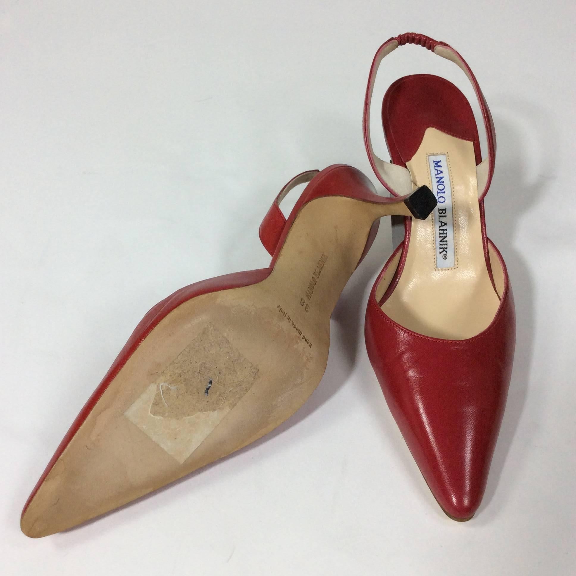 Manolo Blahnik Red Pointed Heels with Heel Strap In Excellent Condition For Sale In Narberth, PA