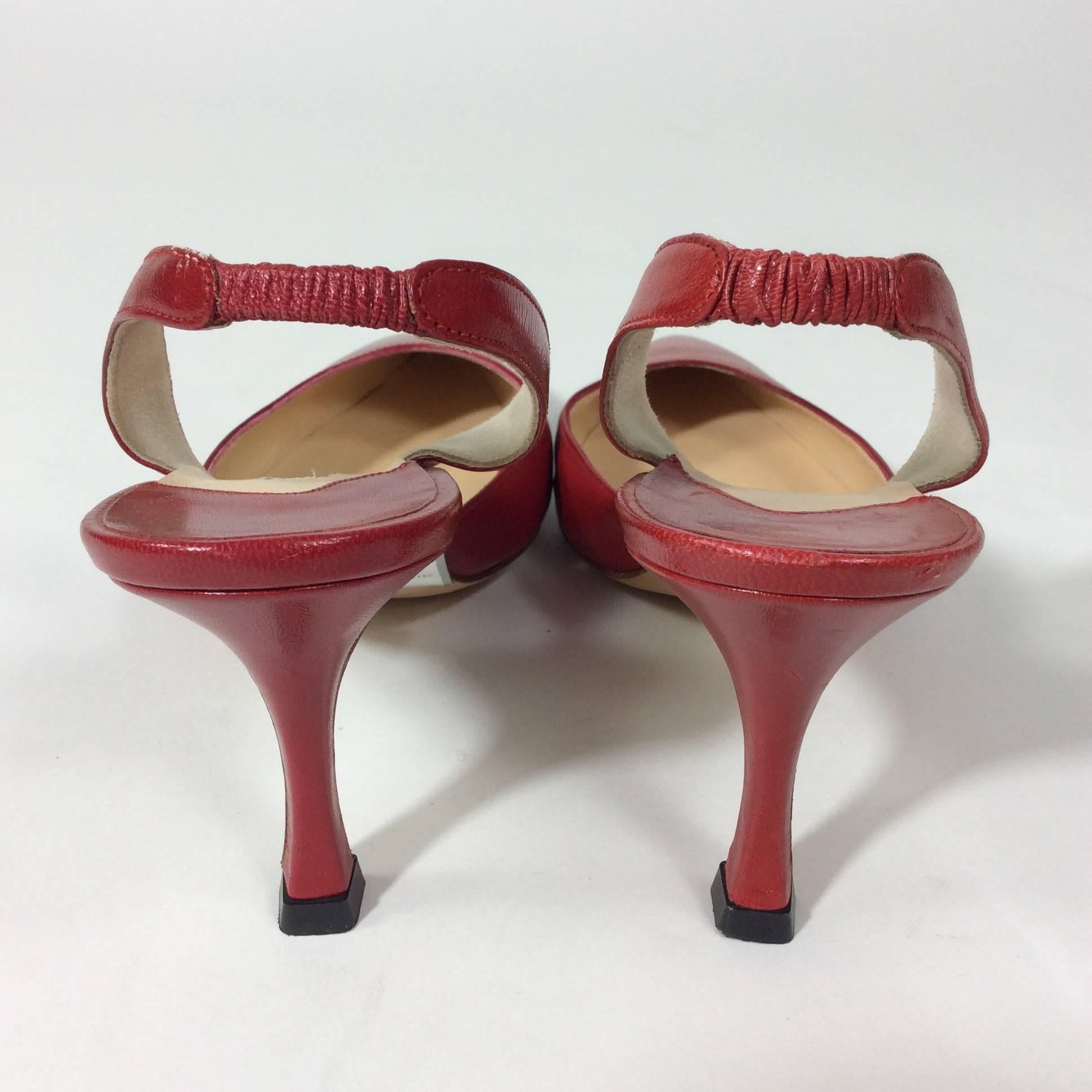 Brown Manolo Blahnik Red Pointed Heels with Heel Strap For Sale