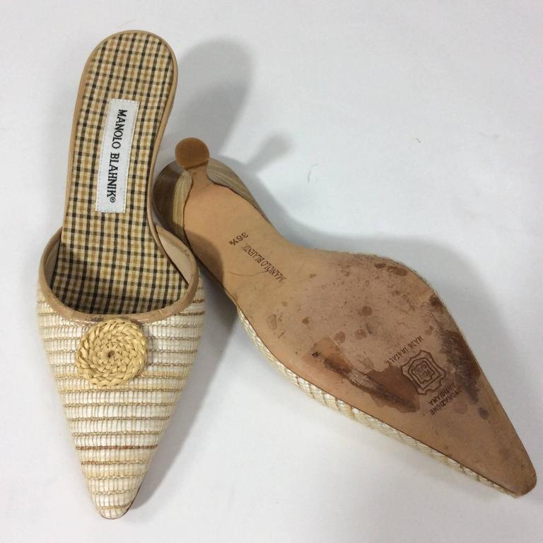 Manolo Blahnik Tan and Cream Pointed Slides with Wicker Detail For Sale ...