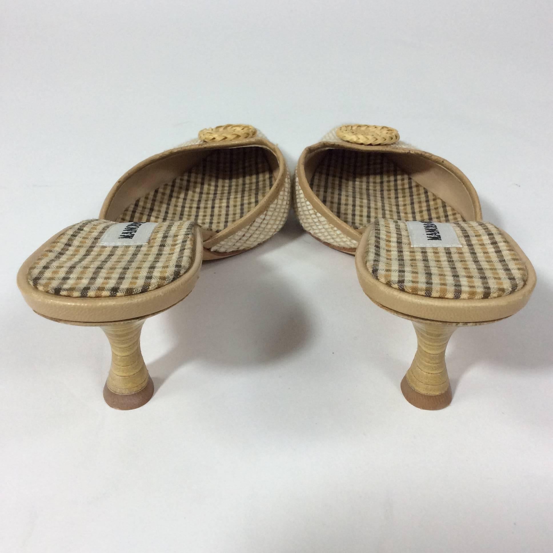 Brown Manolo Blahnik Tan and Cream Pointed Slides with Wicker Detail For Sale