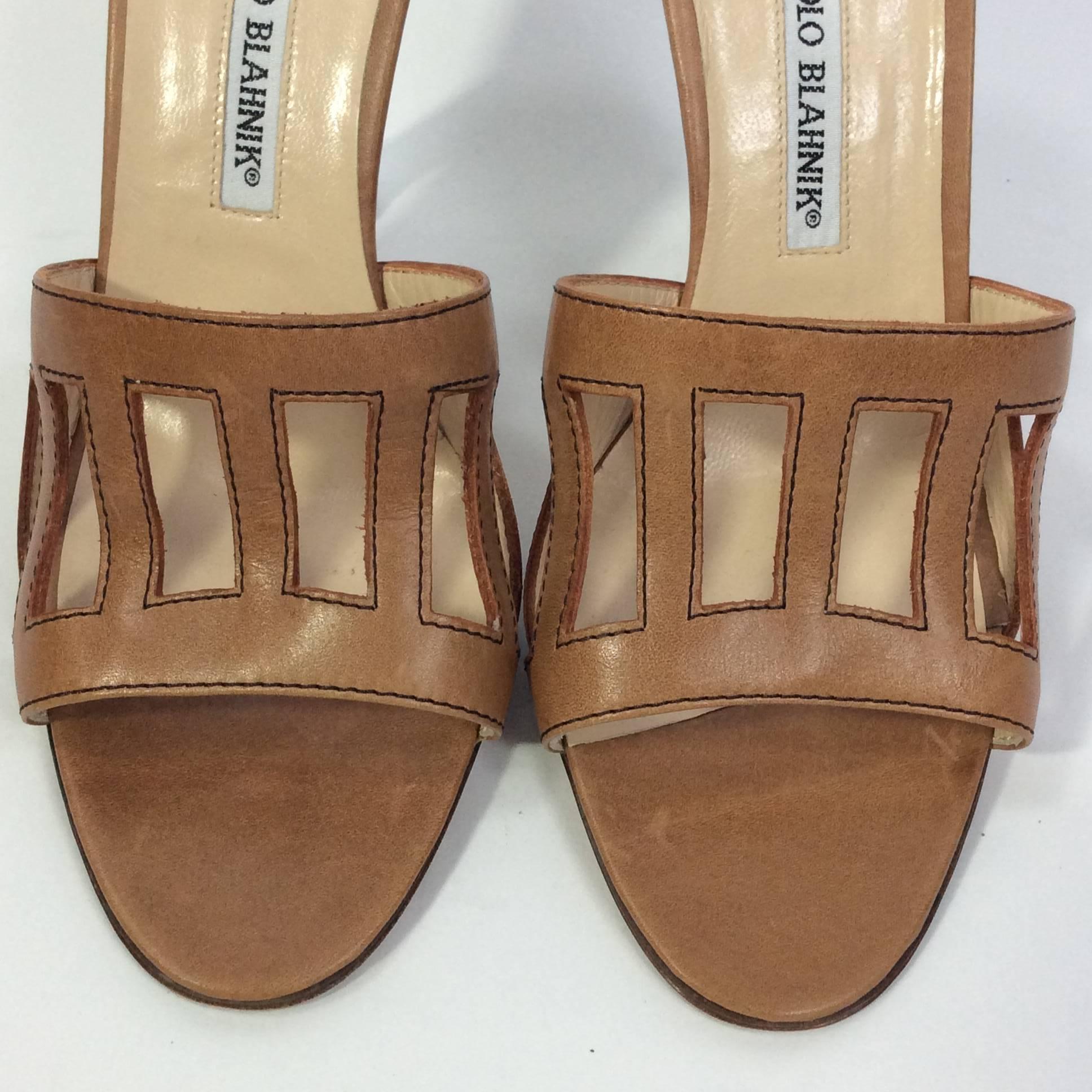 Manolo Blahnik Tan Slide with Rectangular Cutouts For Sale 1