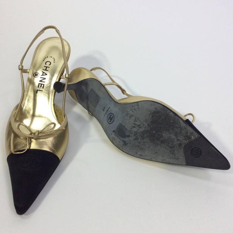 Chanel Gold and Black Slingback with Tie Detail For Sale at 1stDibs