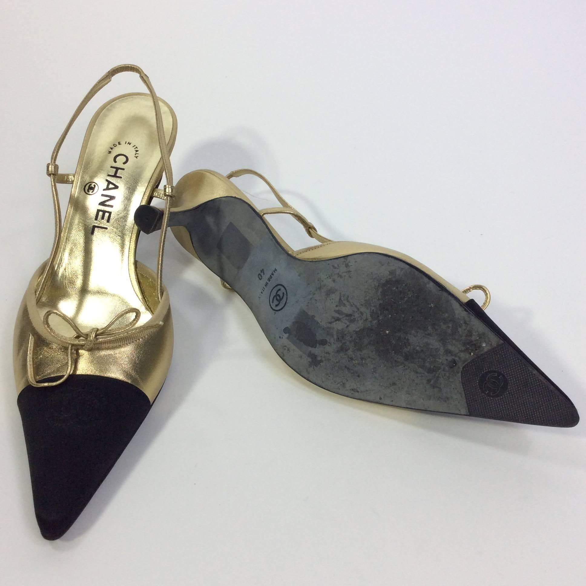 Brown Chanel Gold and Black Slingback with Tie Detail For Sale