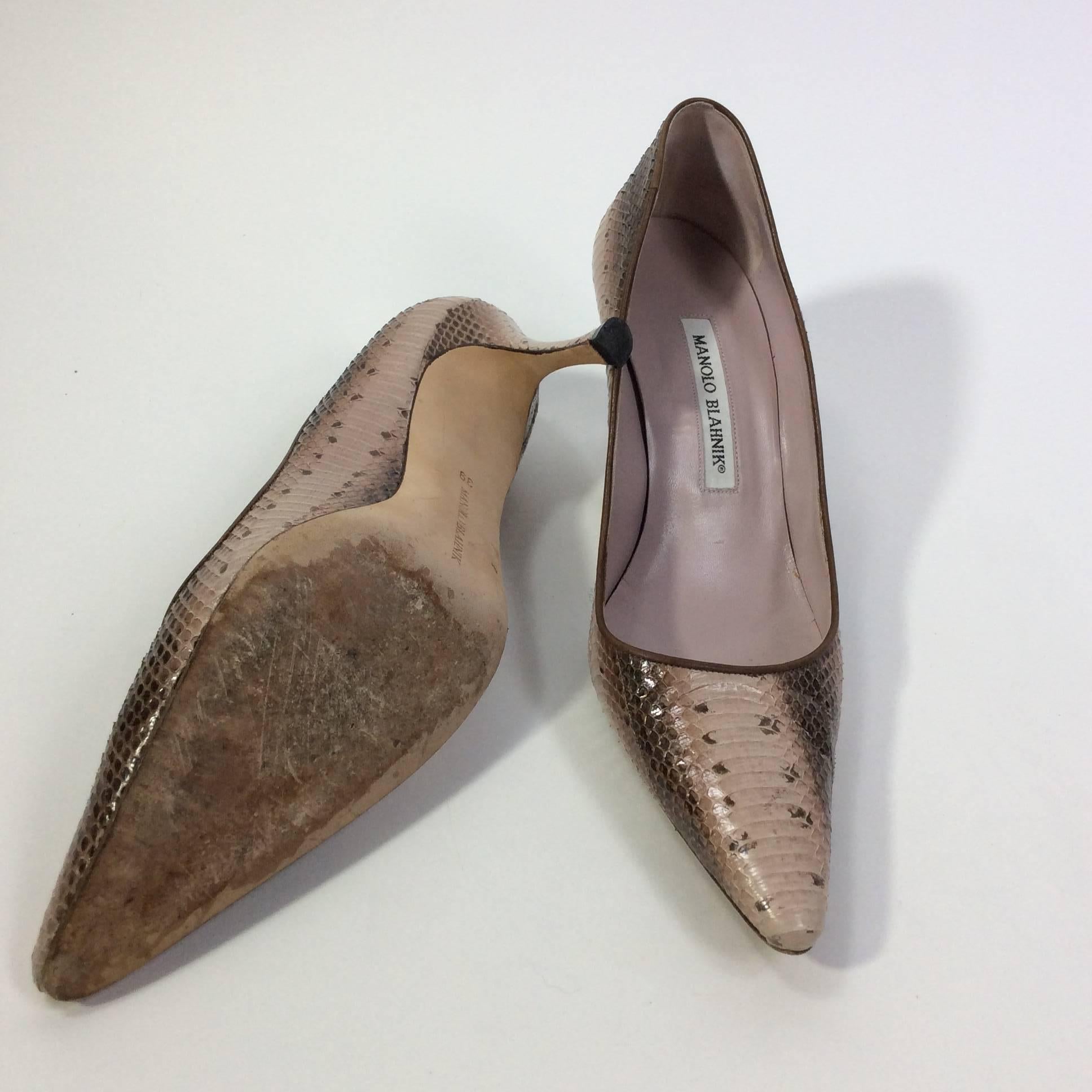 Manolo Blahnik Lavender Brown Snakeskin Pumps In Excellent Condition In Narberth, PA
