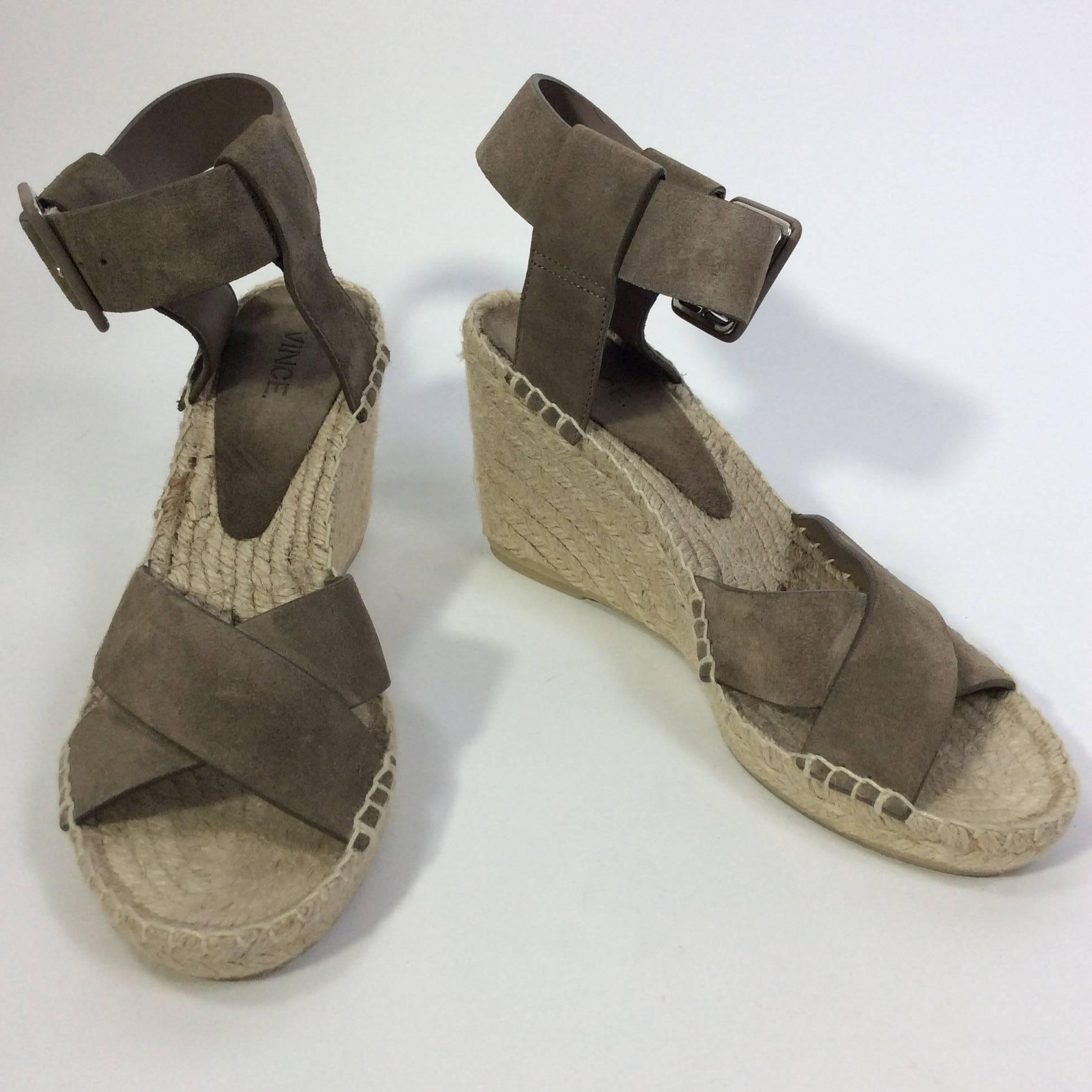 Vince Tweed and Suede Brown Criss Cross Wedges In Excellent Condition In Narberth, PA