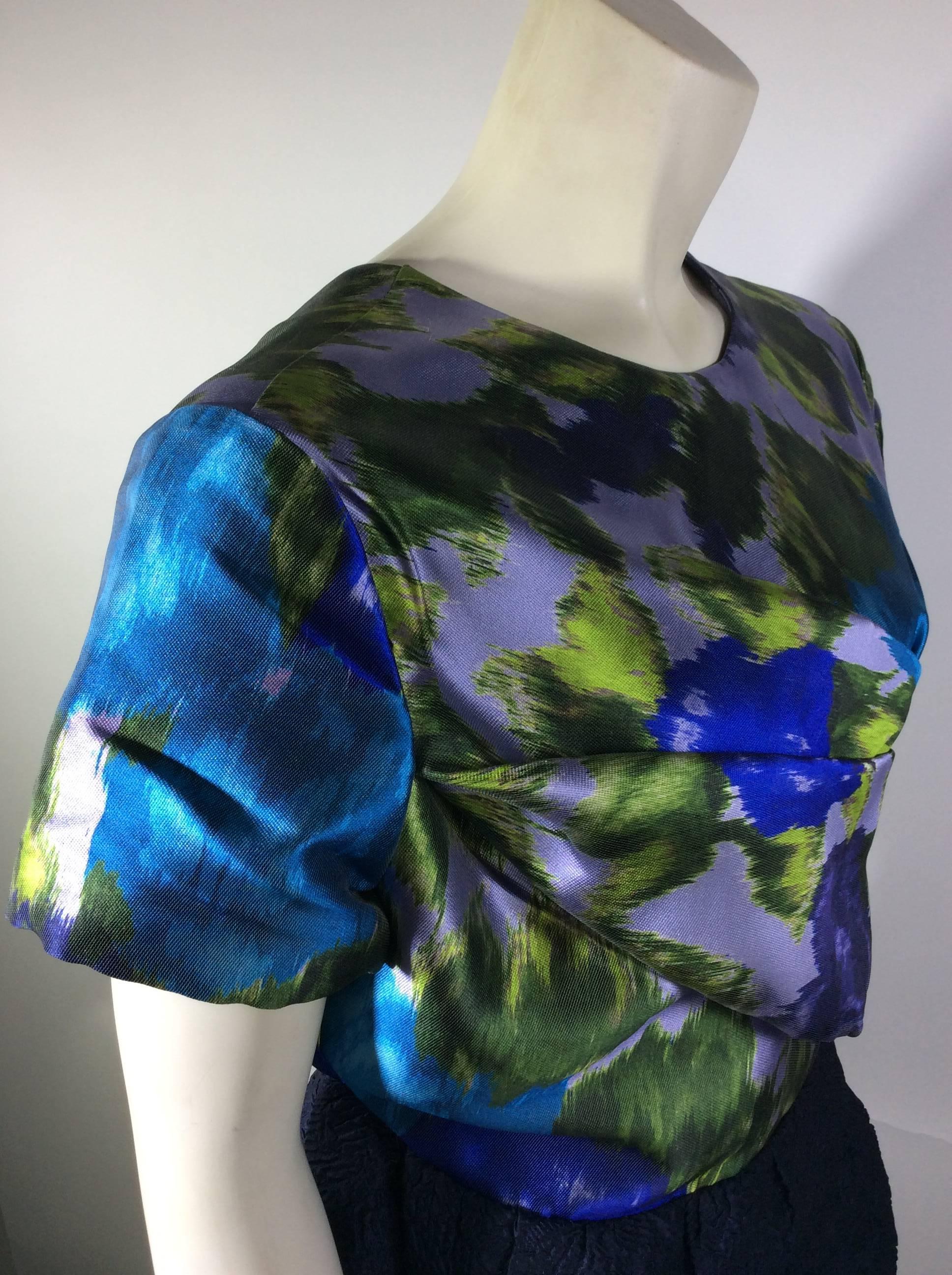 Michael Van Der Ham Floral Print and Navy Cross Back A-line Dress In New Condition In Narberth, PA