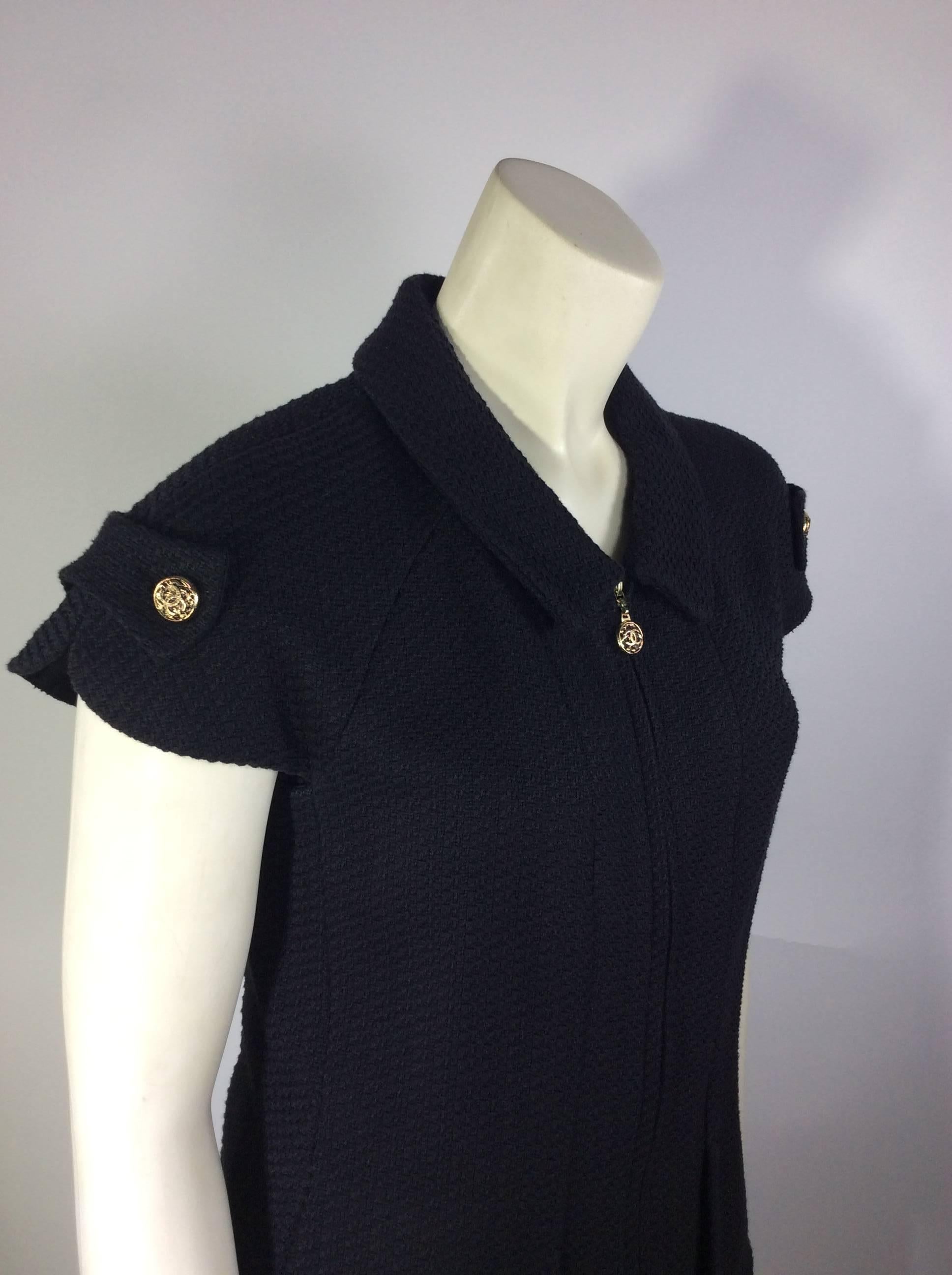 Chanel 2007 Black Cotton Suit with Gold Buttons For Sale 1
