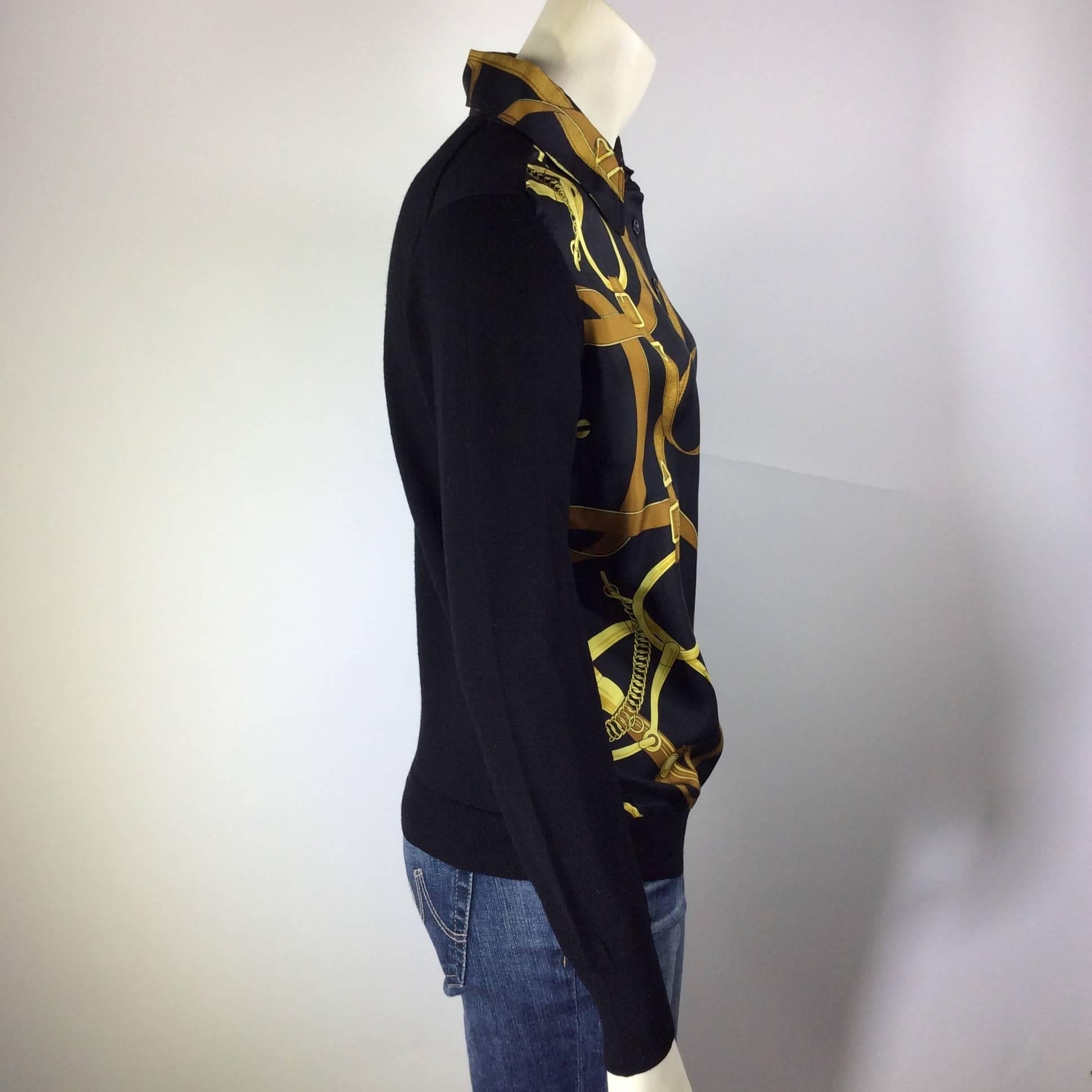 Hermes Black and Yellow Bridle Printed Button Up Blouse In Excellent Condition In Narberth, PA