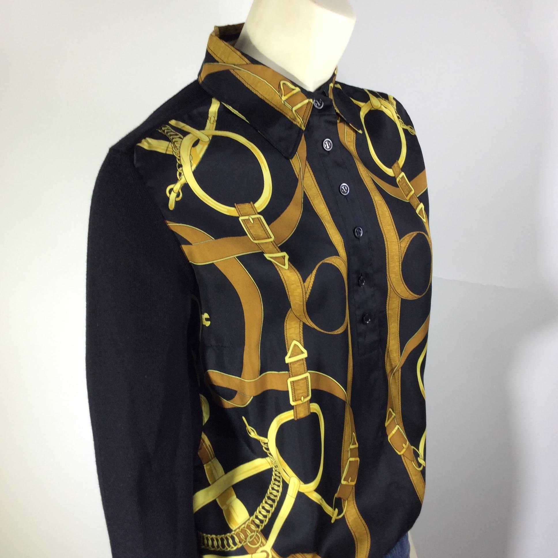 Hermes Black and Yellow Bridle Printed Button Up Blouse 1