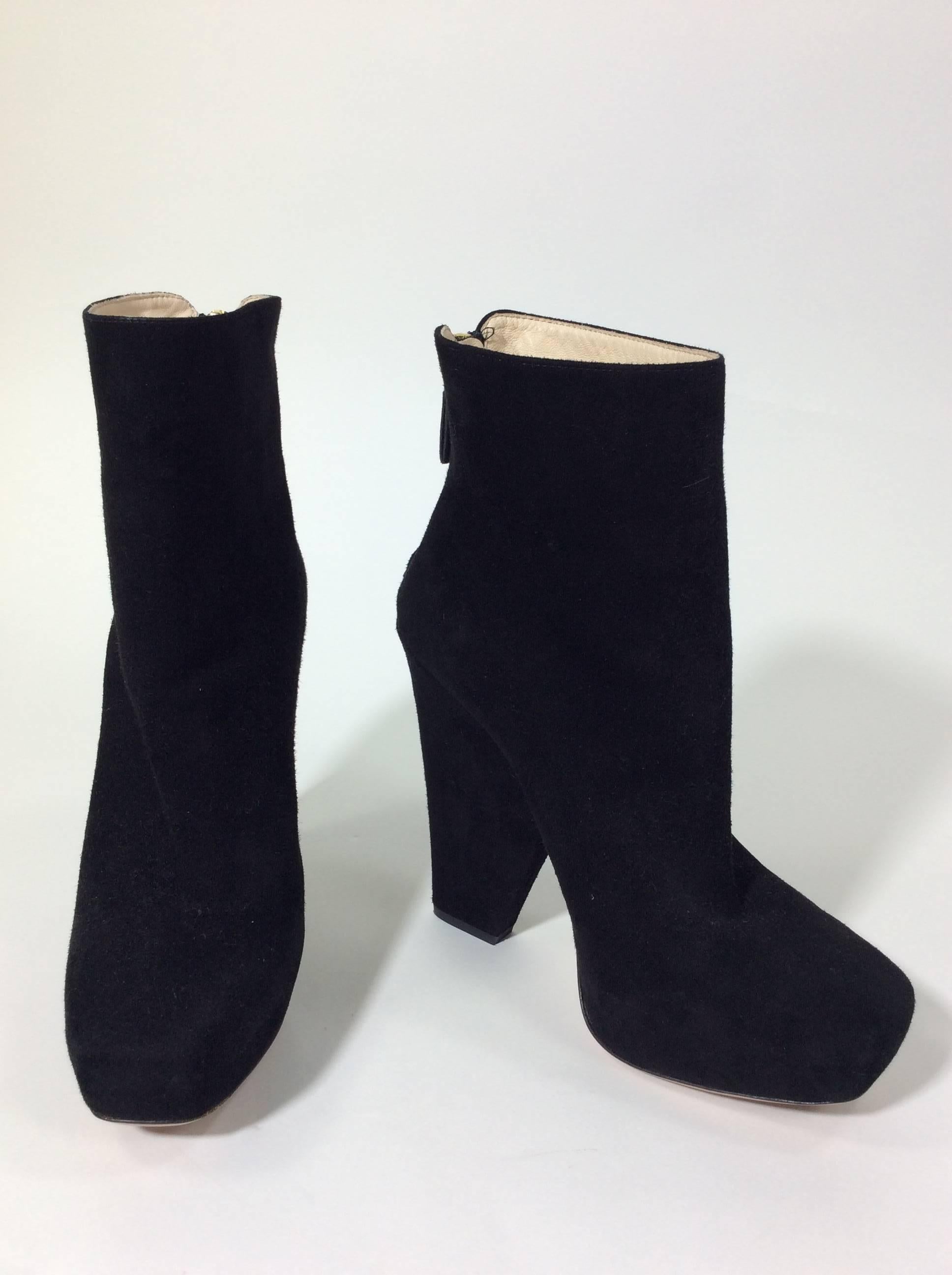 Prada Black Suede Bootie With Angular Heel In Excellent Condition In Narberth, PA