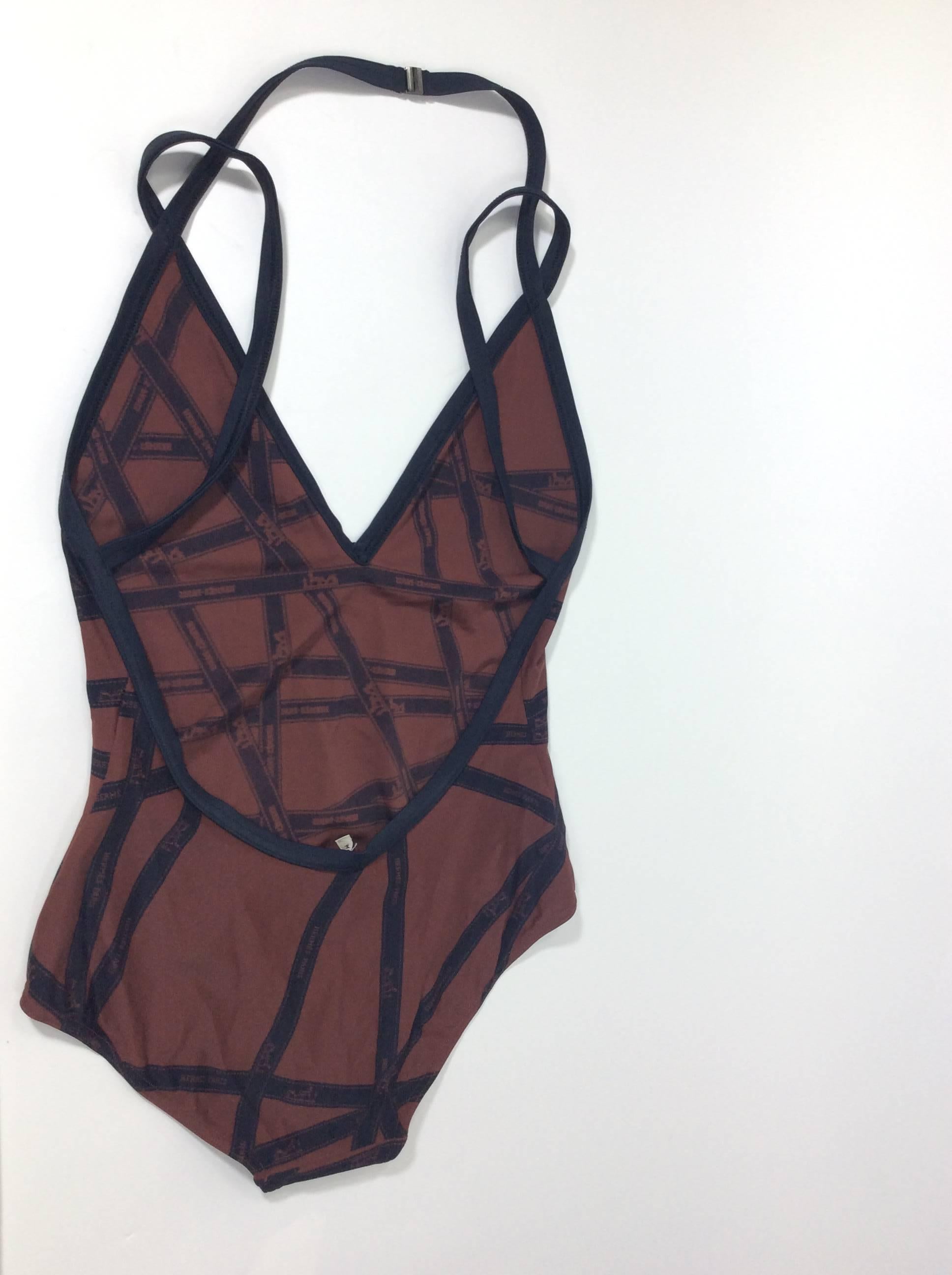 Hermes Ribbon Print Brown and Navy Swimsuit In New Condition In Narberth, PA