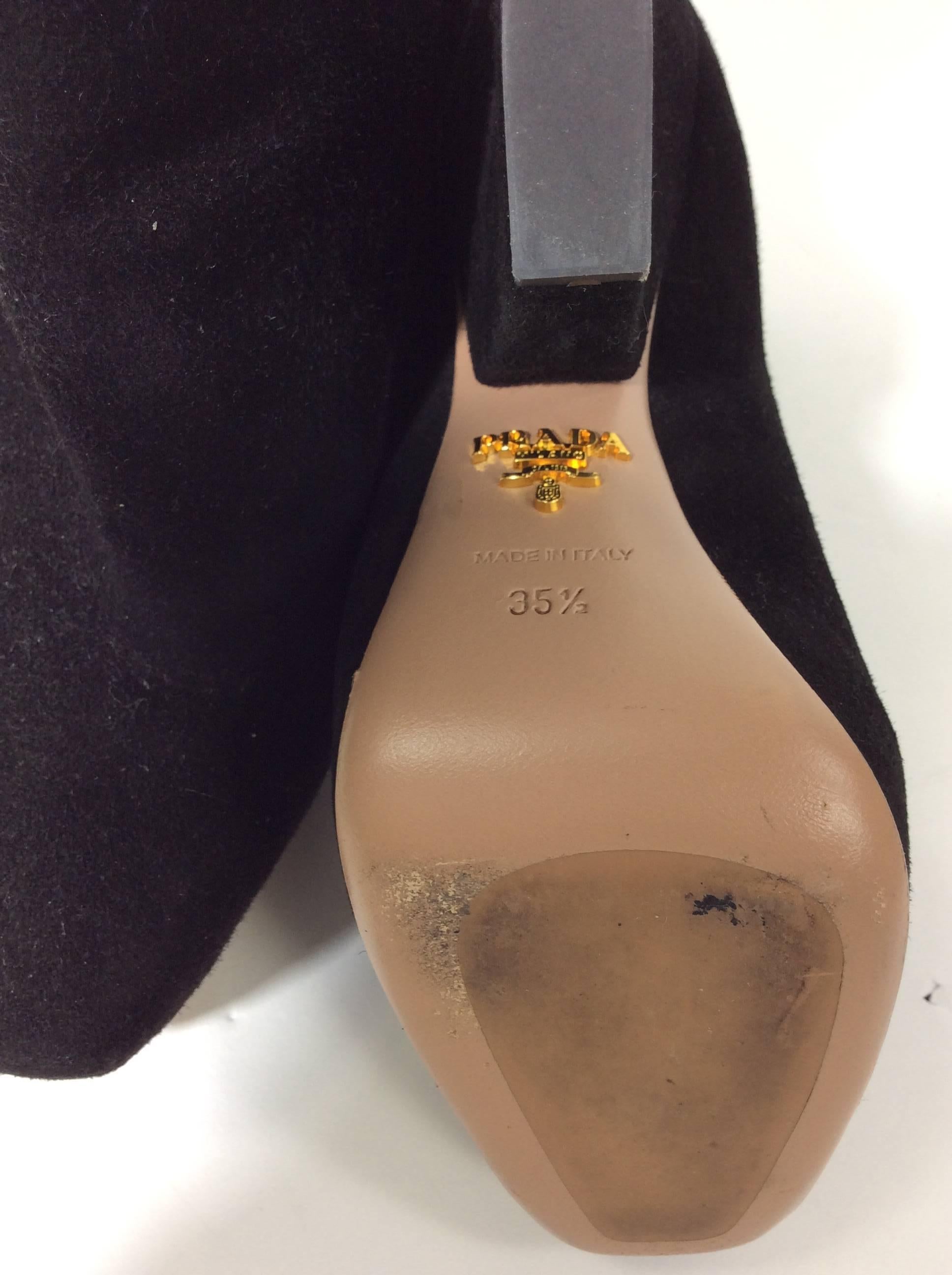 Women's Prada Suede Mid Calf Bootie with Stack Heel For Sale