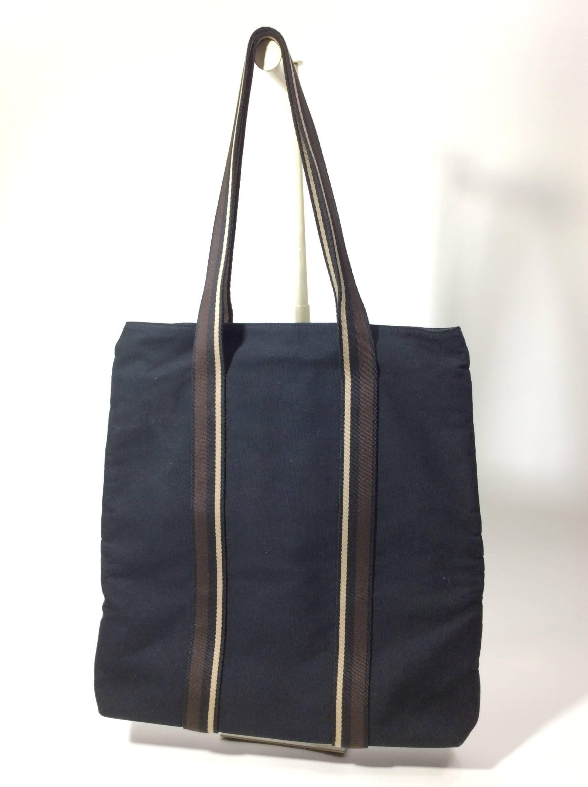 Hermes Black Canvas Leather Stripped Tote In Excellent Condition In Narberth, PA