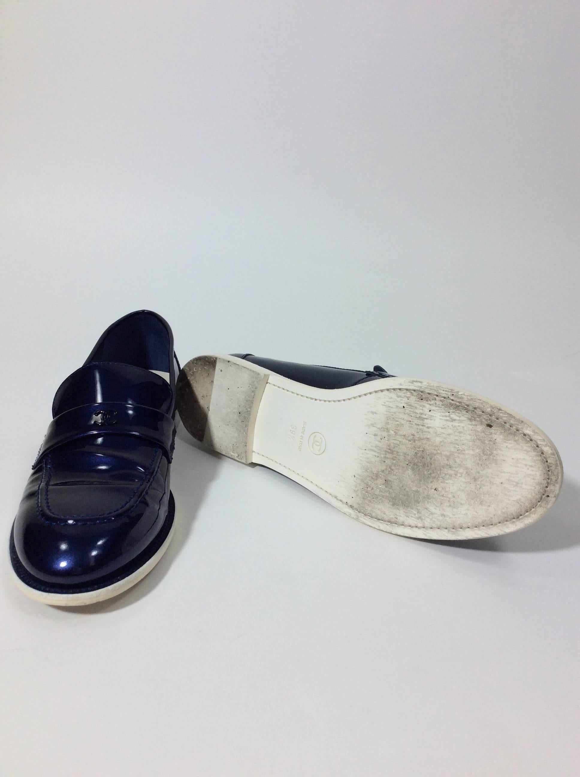 Chanel Patent Leather Midnight Blue Loafer Shoe For Sale 1