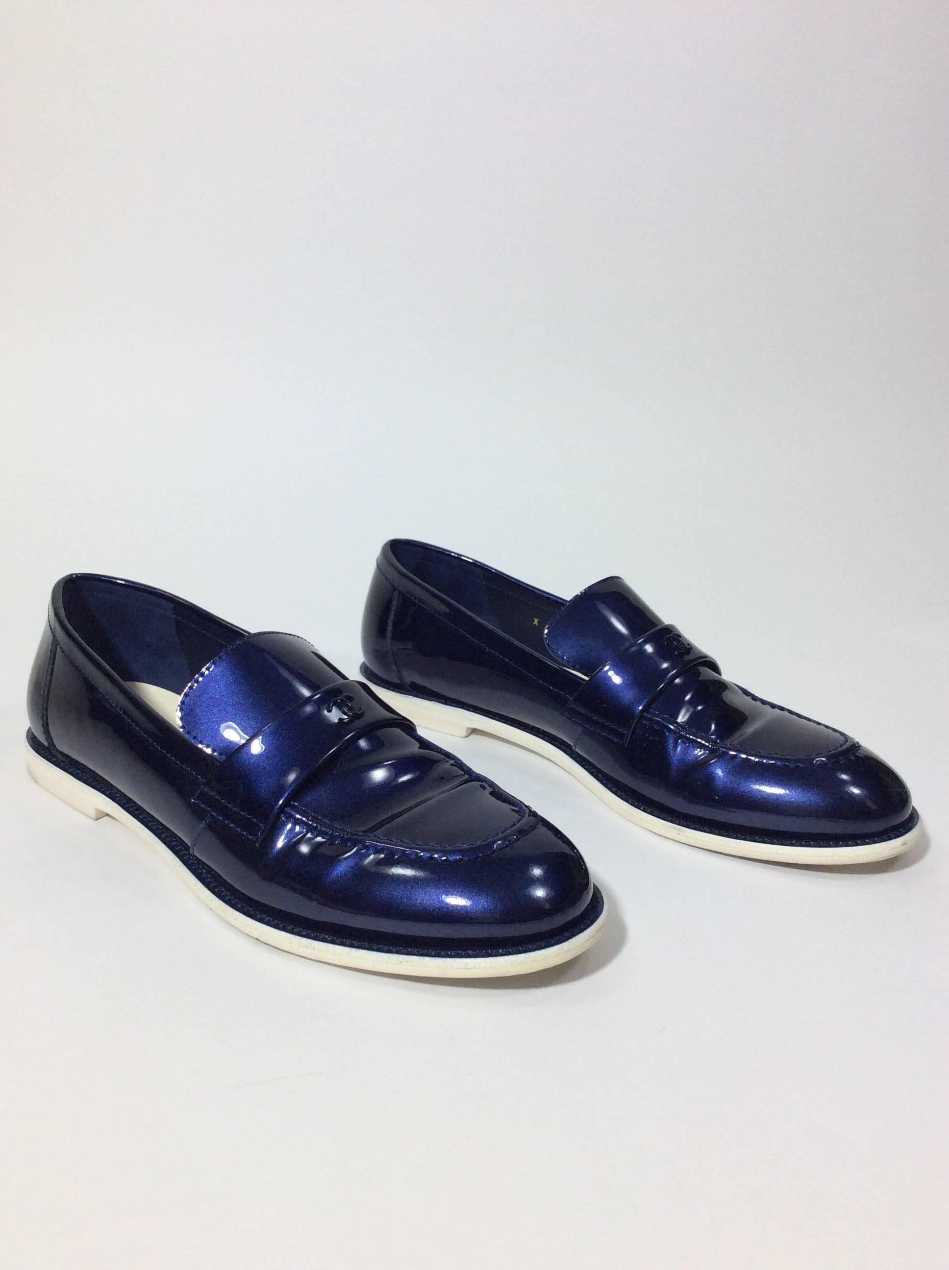Black Chanel Patent Leather Midnight Blue Loafer Shoe For Sale