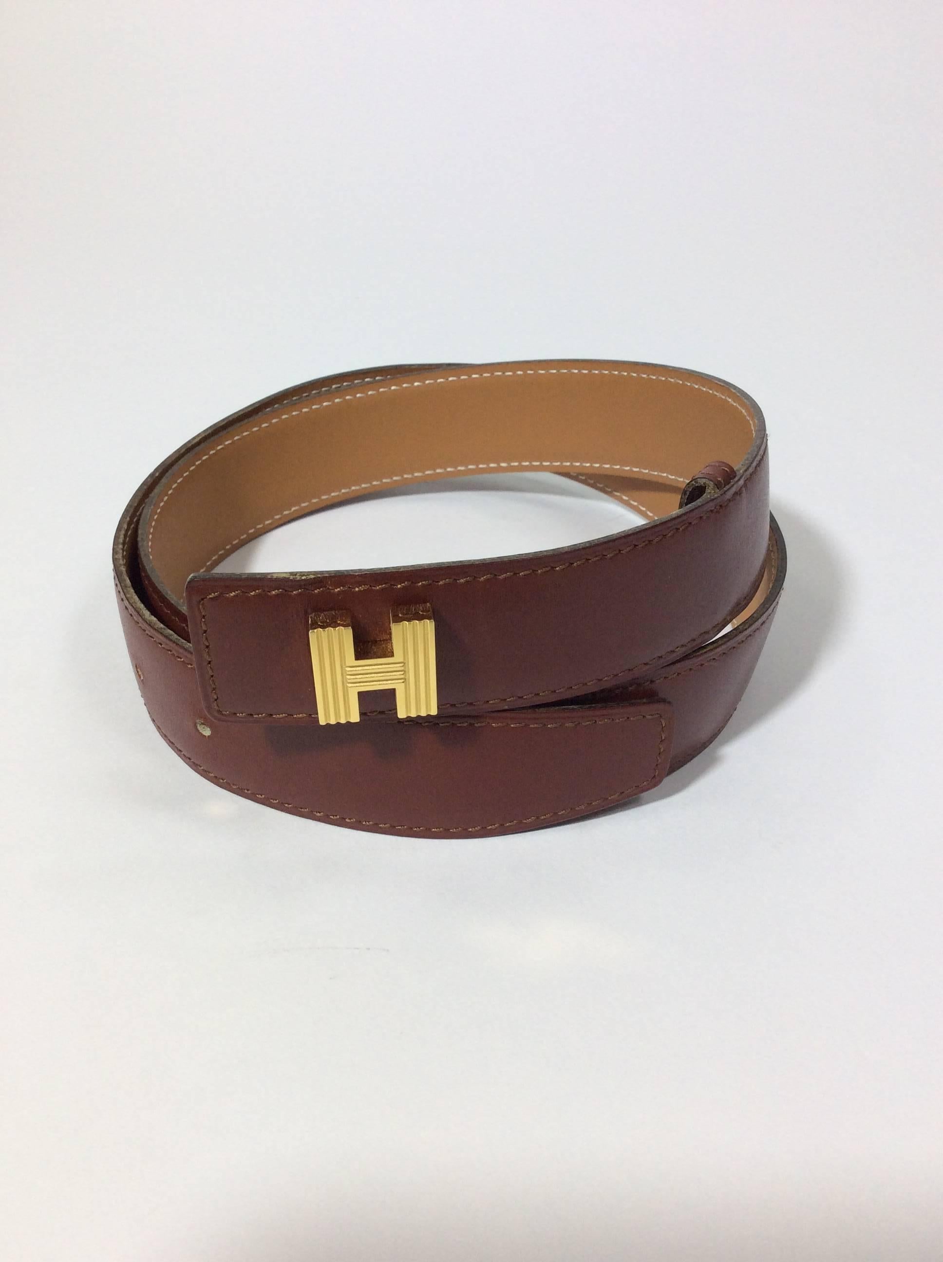Hermes Burgundy Leather Belt with Goldtone H Buckle 1