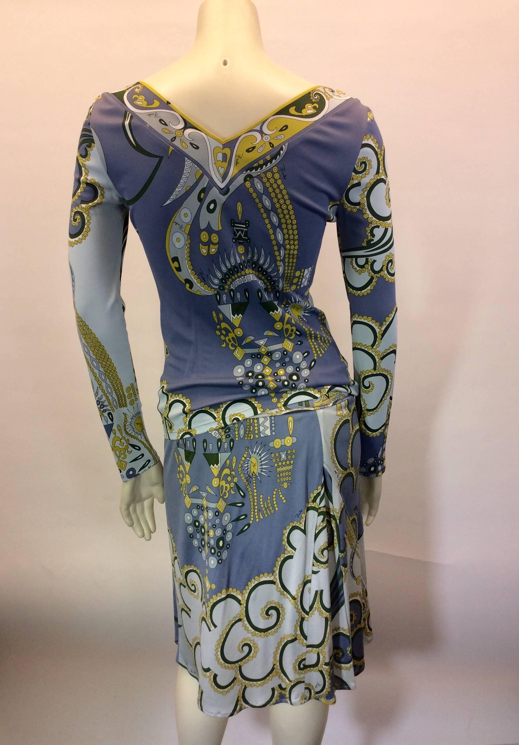 Emilio Pucci Beautiful Two Piece Graphic Print Blouse and Matching Skirt Set In Excellent Condition For Sale In Narberth, PA
