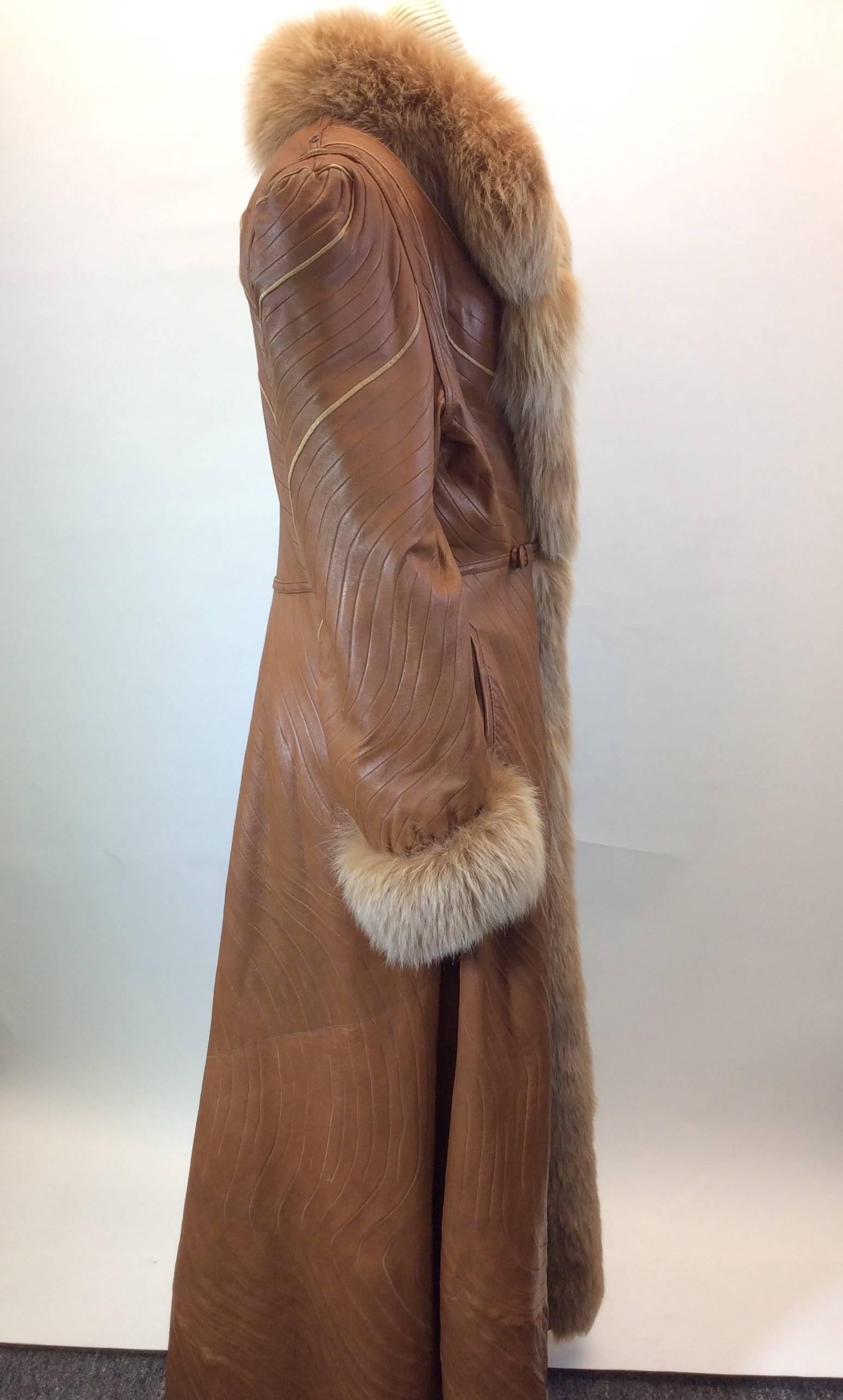 Brown Custom Made Reversible Lamb Skin Leather and Fox Swirl Pattern Detail Coat For Sale
