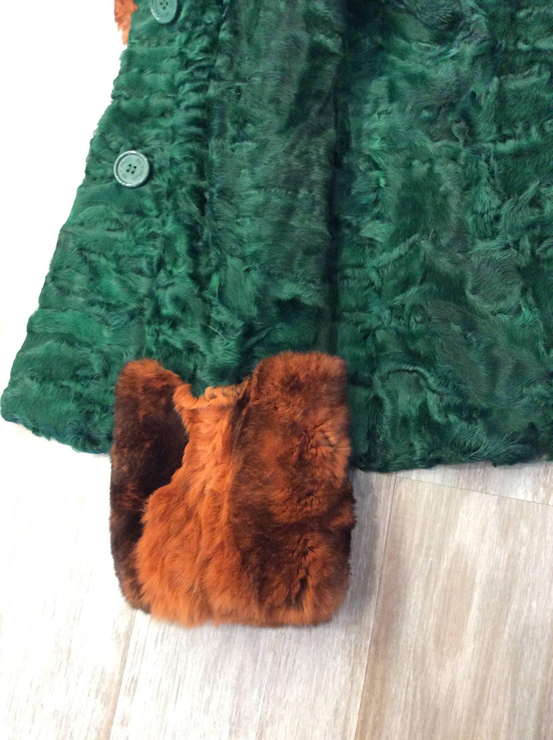 Etro Green and Burnt Sienna Persian Lamb with Mink Collar Coat For Sale 3