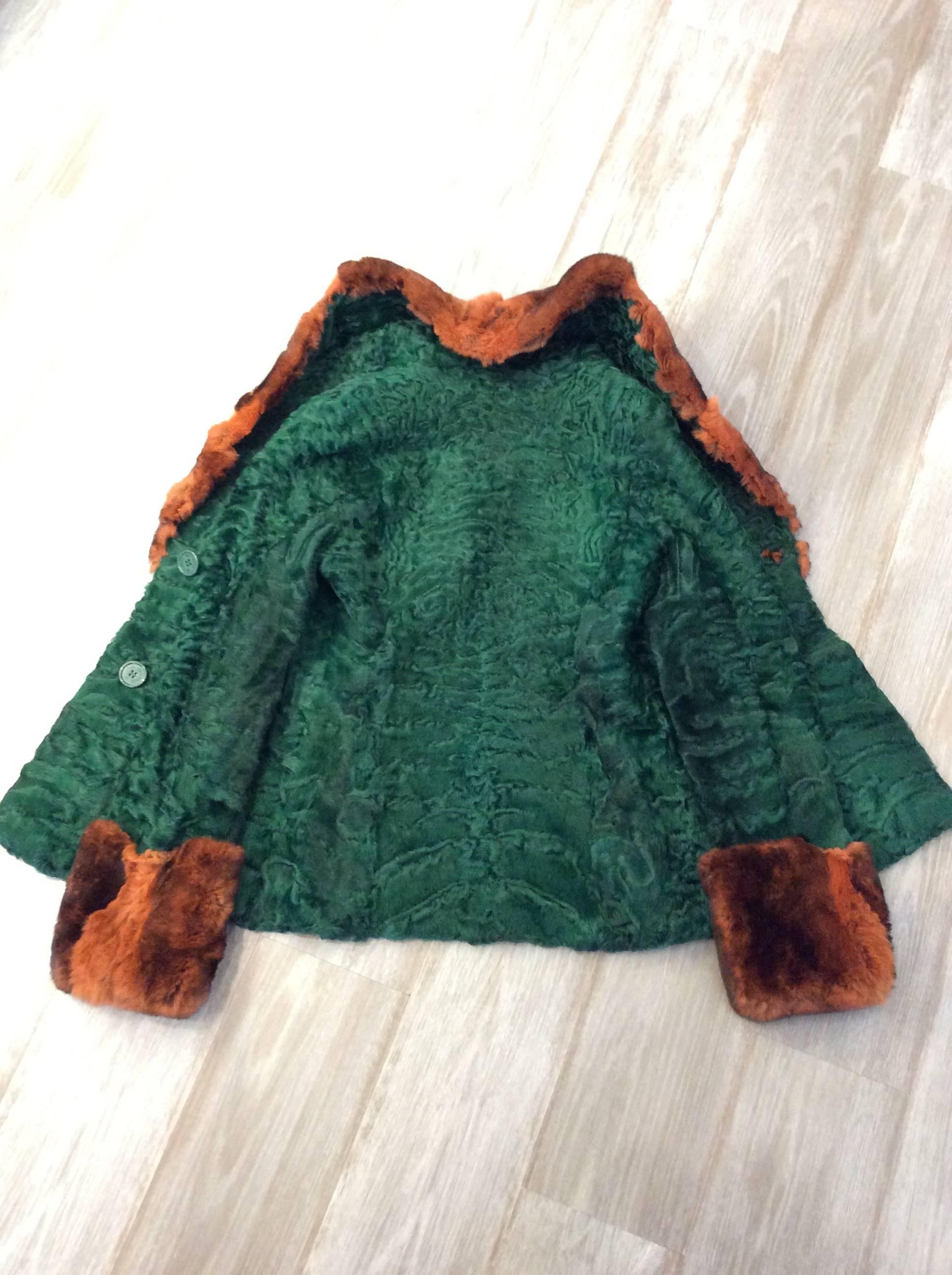 Etro Green and Burnt Sienna Persian Lamb with Mink Collar Coat For Sale 2