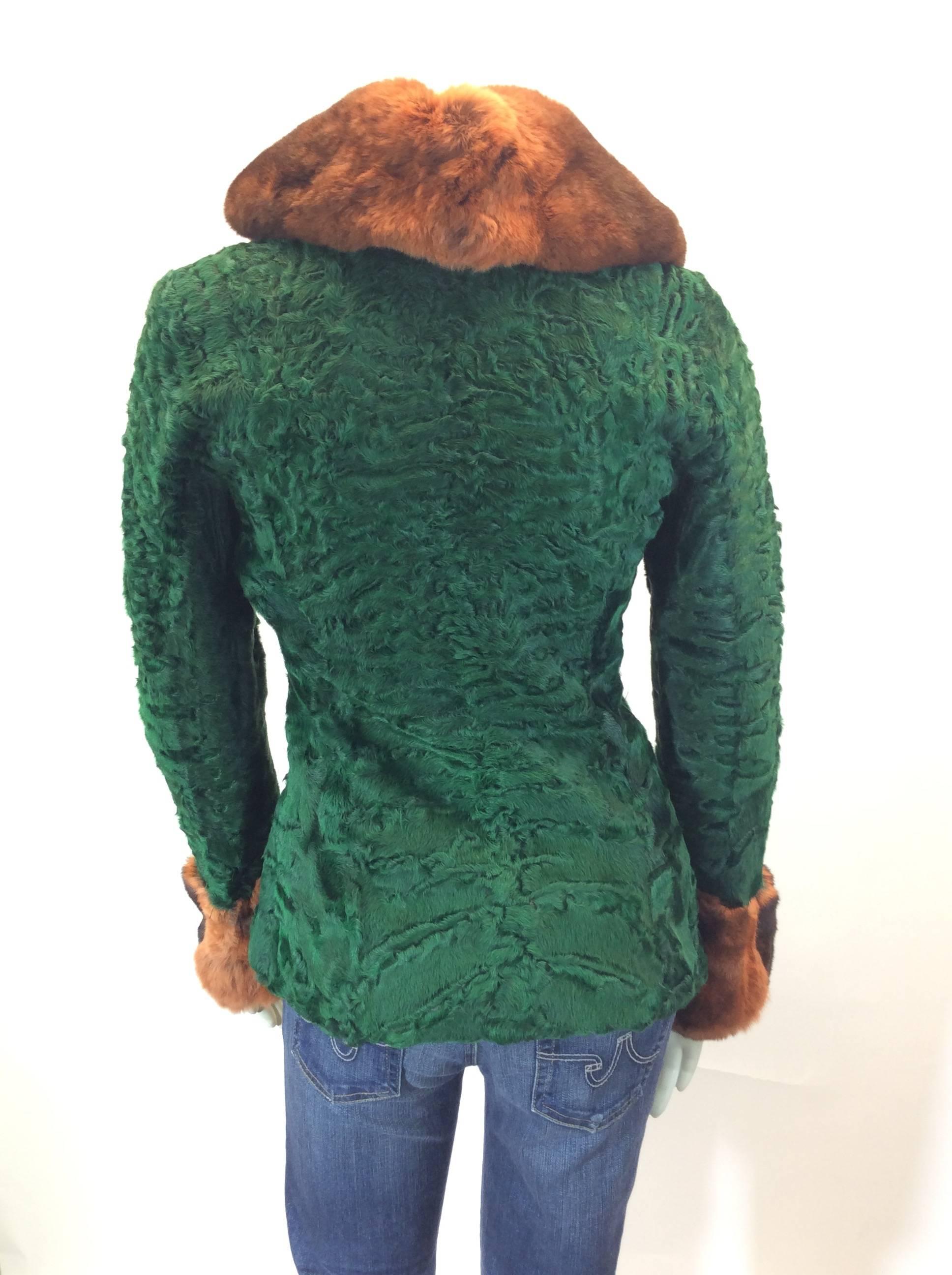 Etro Green and Burnt Sienna Persian Lamb with Mink Collar Coat In Excellent Condition For Sale In Narberth, PA