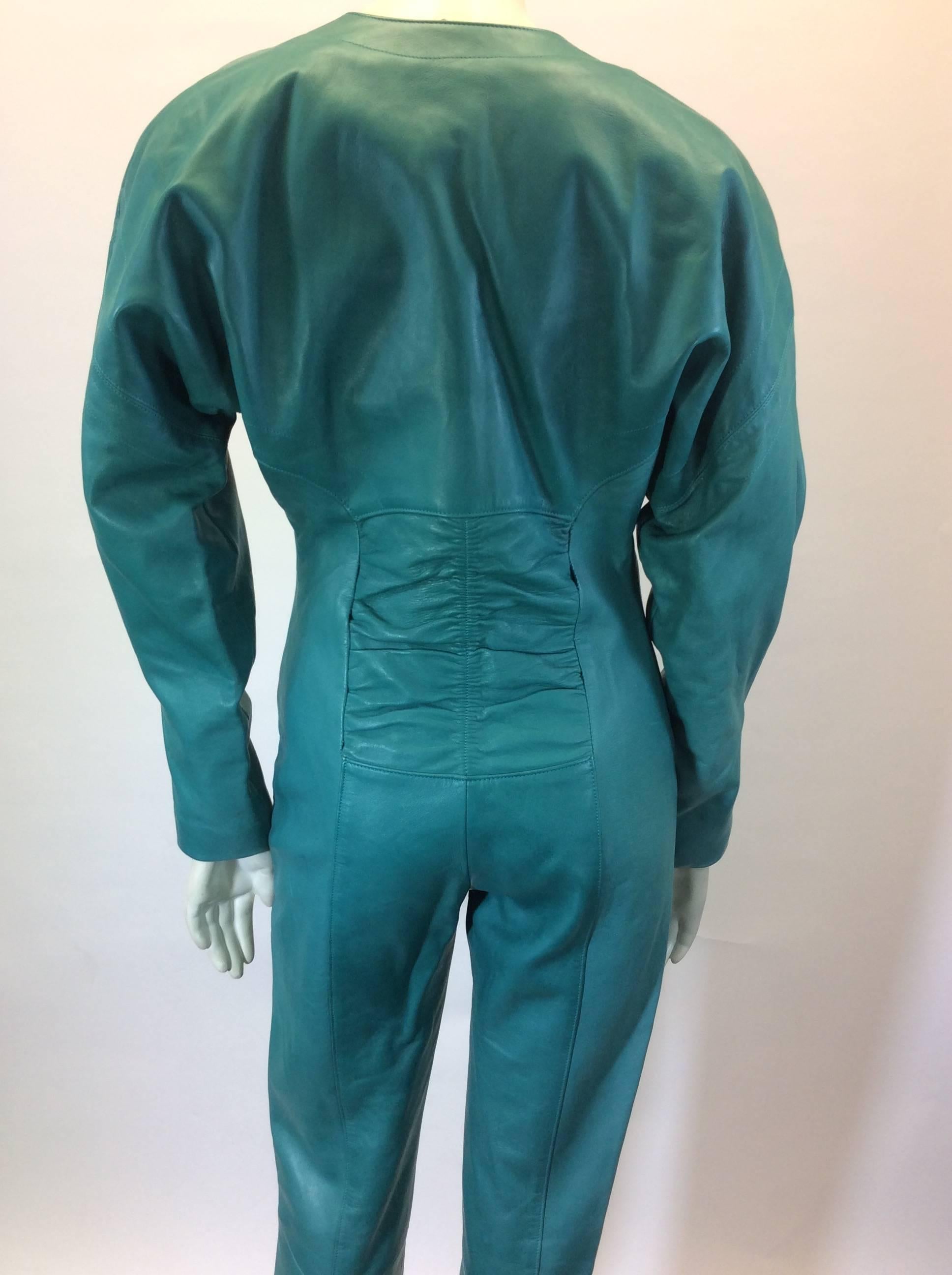Jean Claude Jitrois Teal Vintage Leather Full Body Jumpsuit In Excellent Condition For Sale In Narberth, PA