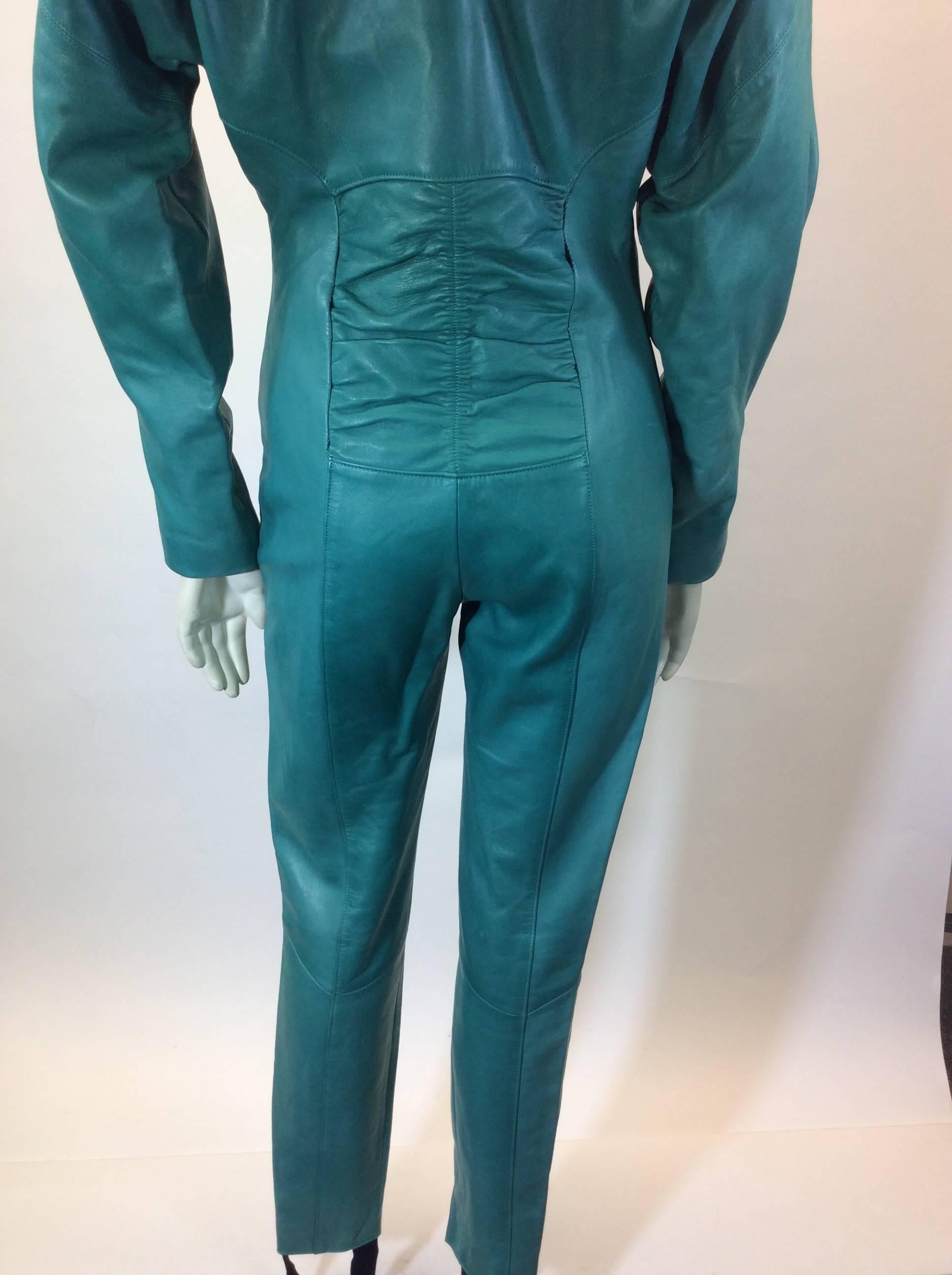 Blue Jean Claude Jitrois Teal Vintage Leather Full Body Jumpsuit For Sale
